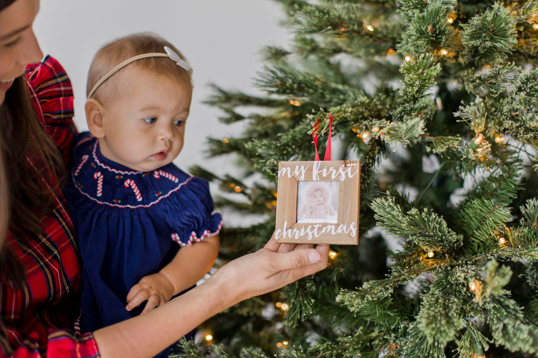 Pearhead Baby’s First Christmas Wooden Picture Frame Ornament, Newborn Milestone Keepsake Photo, Holiday Gift For New and Expecting Parents, Rustic My First Christmas Ornament