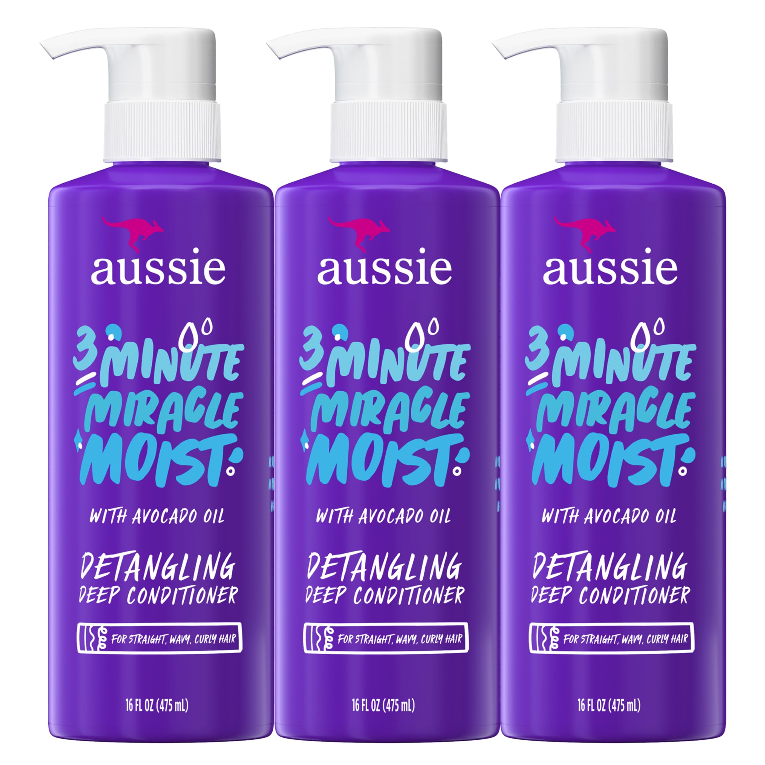 Aussie 3 Minute Miracle Moist Deep Conditioner for Dry Hair, Avocado & Jojoba Oil, Safe for Color Treated Hair, Nourishing Hydration, Silky Shine, Paraben-Free, 16 Fl Oz Each, Triple Pack