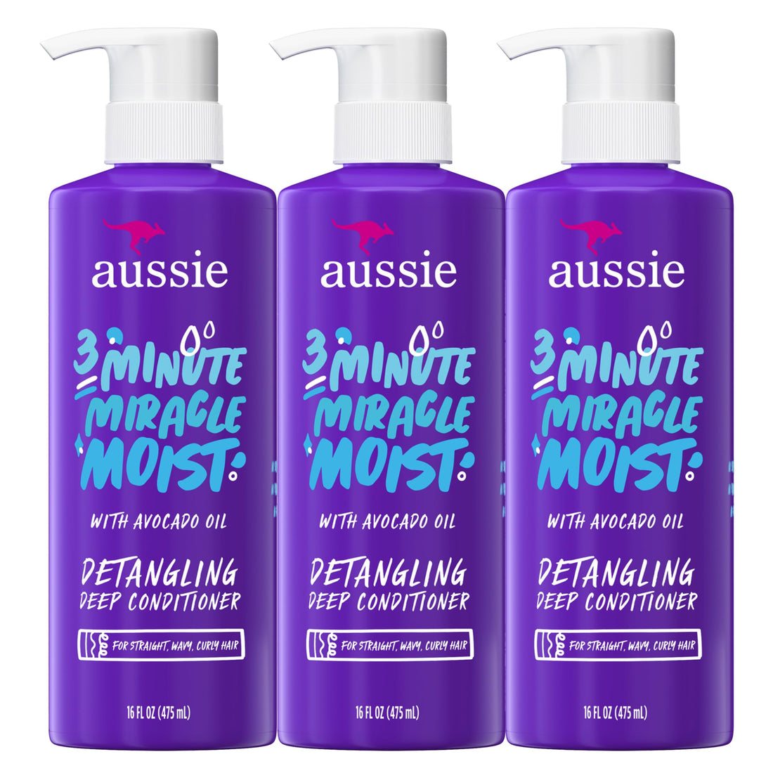 Aussie 3 Minute Miracle Moist Deep Conditioner for Dry Hair, Avocado & Jojoba Oil, Safe for Color Treated Hair, Nourishing Hydration, Silky Shine, Paraben-Free, 16 Fl Oz Each, Triple Pack
