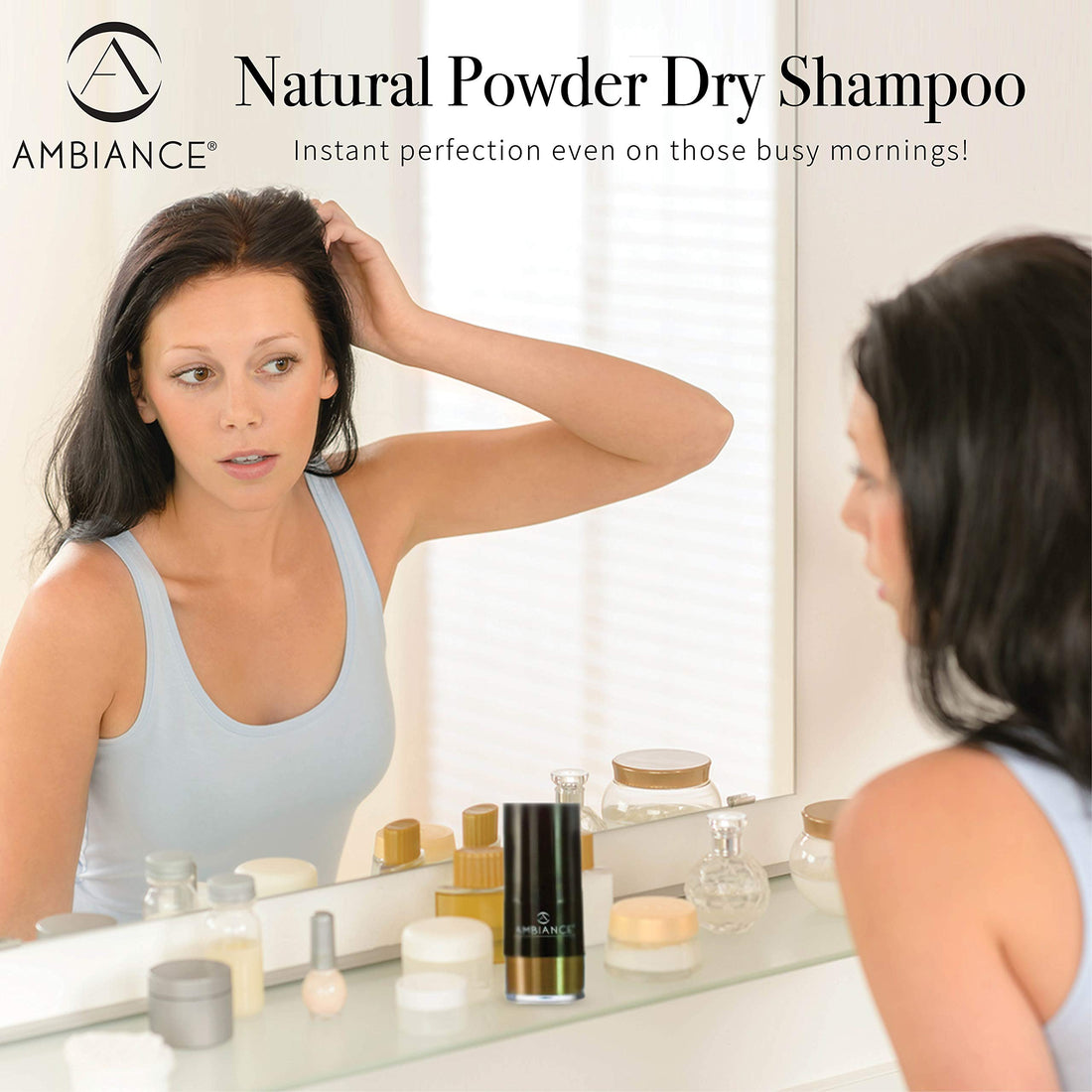 Ambiance Natural Dry Shampoo Powder & Brush for Dark Hair - Non Aerosol Travel Size Brunette Tinted Shampoo - Non Toxic, Benzene Free - Volumizing, Refreshes Oily Hair & Covers Roots Between Colorings