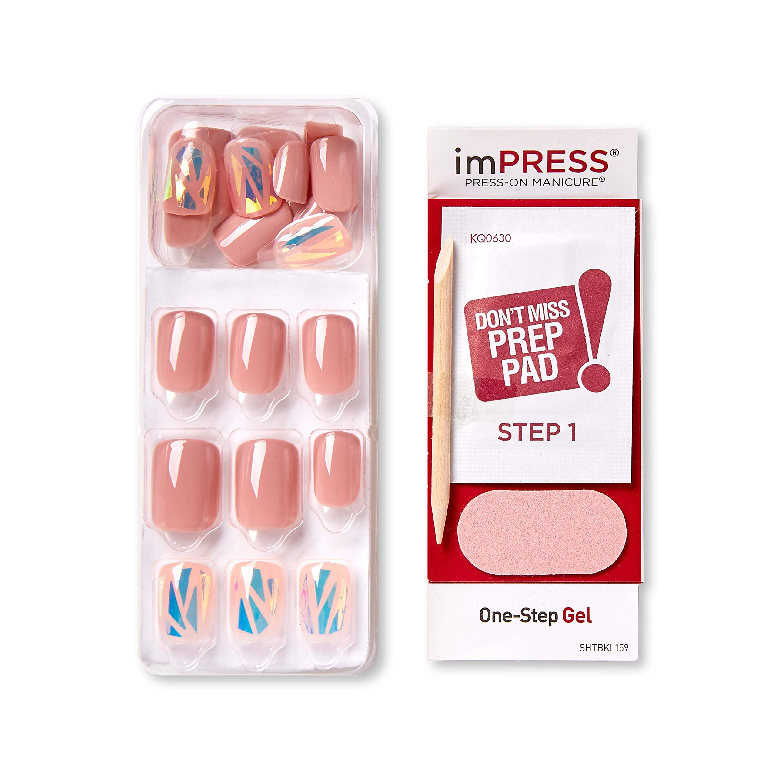 KISS imPRESS No Glue Mani Press On Nails, Design, 'Miracle', Pink, Short Size, Squoval Shape, Includes 30 Nails, Prep Pad, Instructions Sheet, 1 Manicure Stick, 1 Mini File