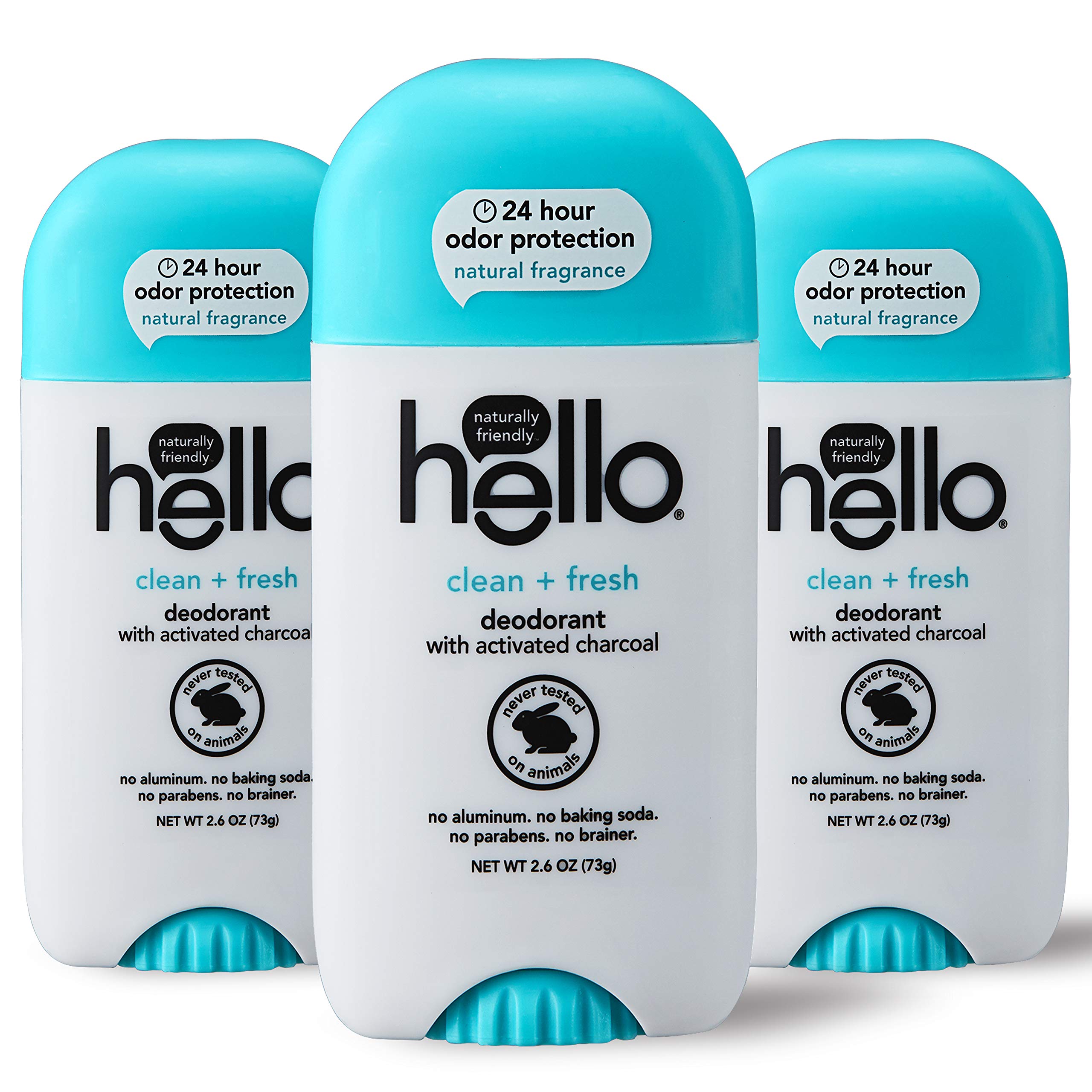 Hello Activated Charcoal Clean + Fresh Deodorant for Women + Men - Aluminum Free, No Baking Soda, Parabens, or Sulfates, 24 Hour Protection, 3 Count