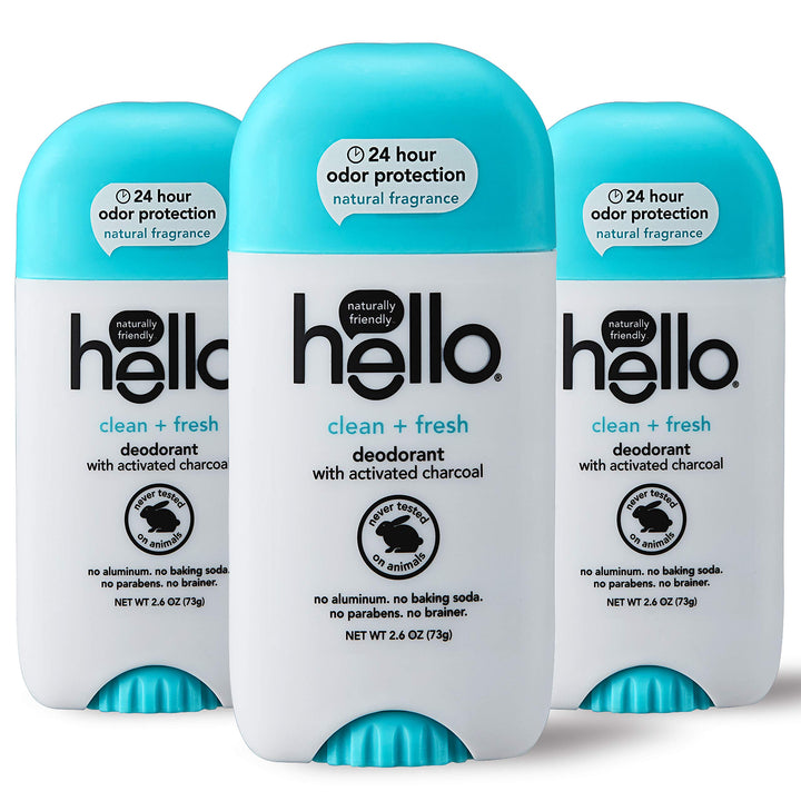 Hello Activated Charcoal Clean + Fresh Deodorant for Women + Men - Aluminum Free, No Baking Soda, Parabens, or Sulfates, 24 Hour Protection, 3 Count