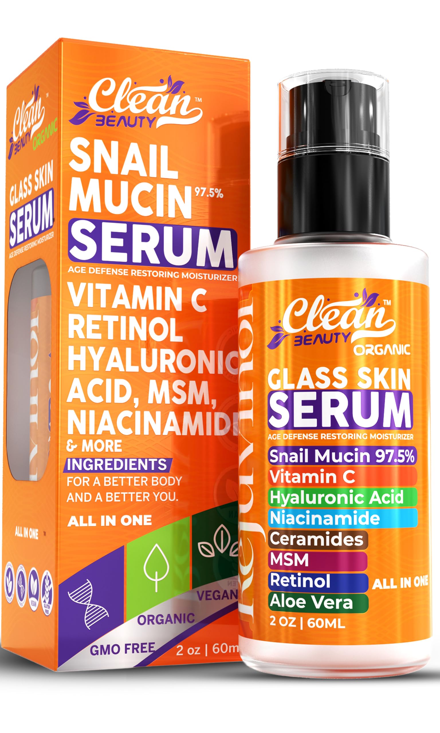 Clean Beauty Snail Mucin Serum Vitamin C Face Serum Anti Aging with Hyaluronic Acid Niacinamide Retinol MSM Aloe Vera & Ceramides, Korean Skin Care Dark Spot Remover for Glowing Skin Beauty, Pack of 1