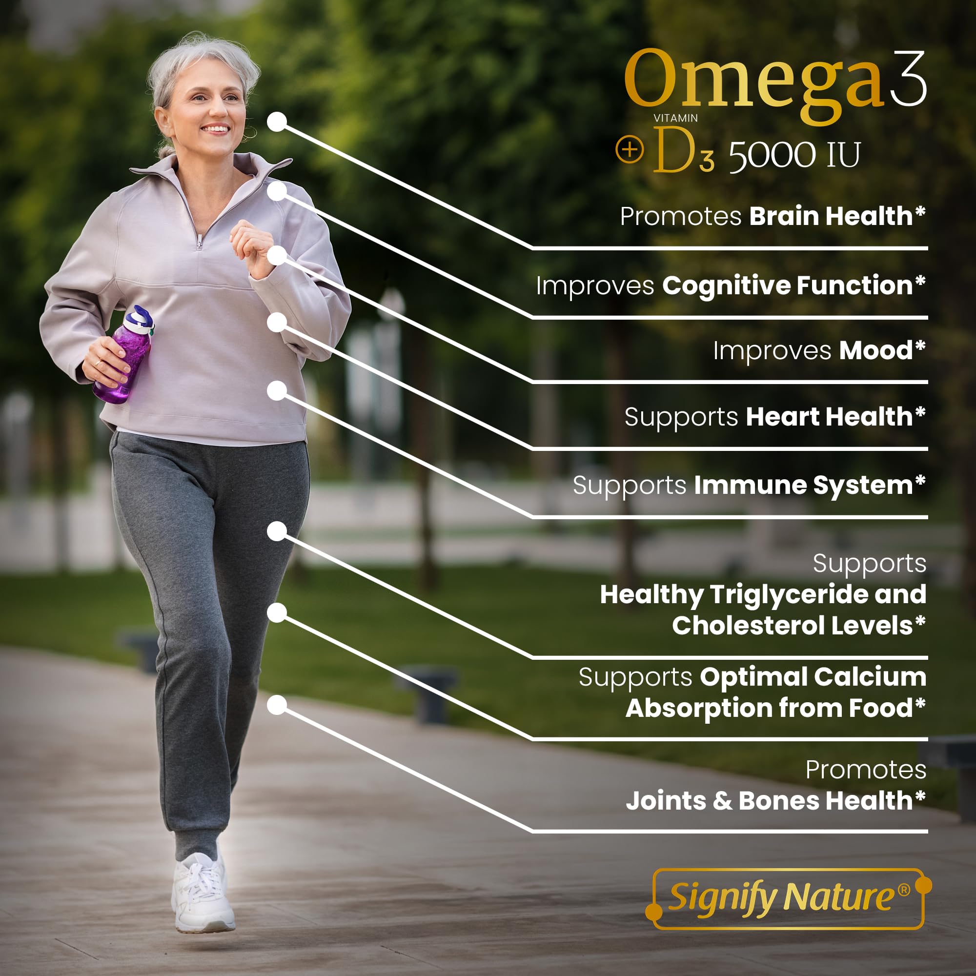 SIGNIFY NATURE Omega 3 Fish Oil Supplement with Vitamin D3 5000 IU - 1000mg Triglyceride Capsules for Brain Health - Omega3 EPA DHA + VIT D 3-90CT