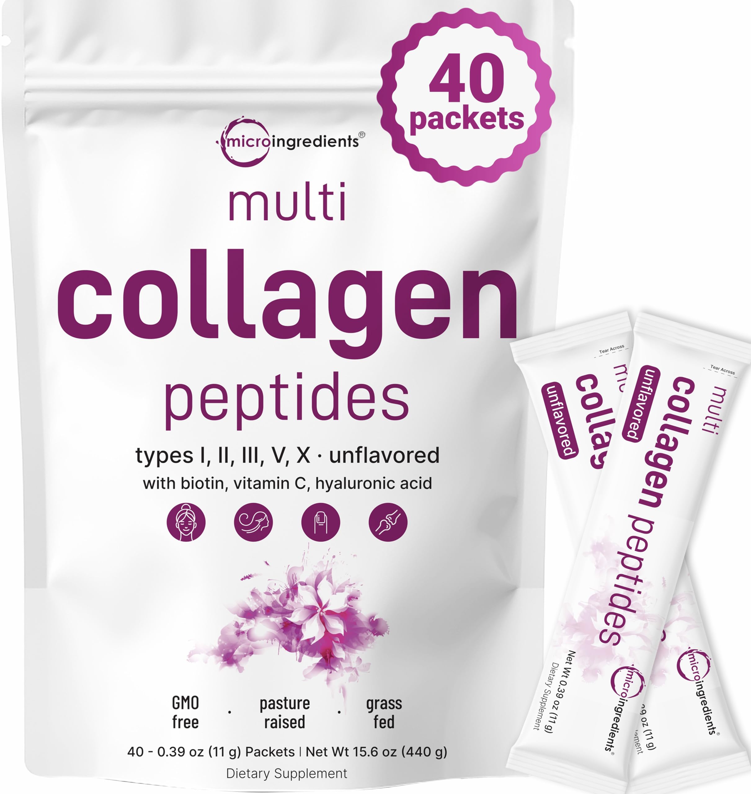 Multi Collagen Peptides, 40 Packets | Hydrolyzed Protein Peptides Powder | Type I,II,III,V,X with Hyaluronic Acid, Biotin, & Vitamin C | Unflavored, Keto, & Paleo Friendly | Ez Mix in Drinks