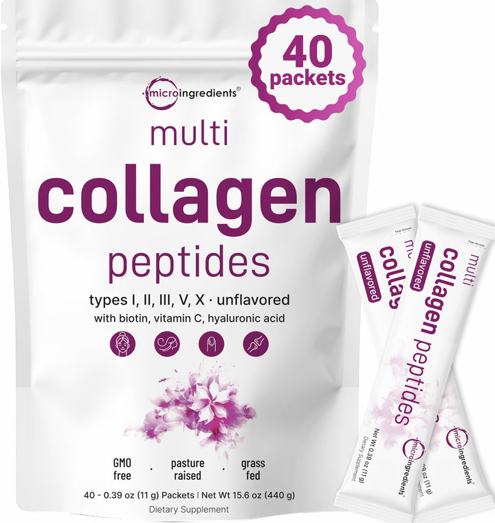 Multi Collagen Peptides, 40 Packets | Hydrolyzed Protein Peptides Powder | Type I,II,III,V,X with Hyaluronic Acid, Biotin, & Vitamin C | Unflavored, Keto, & Paleo Friendly | Ez Mix in Drinks