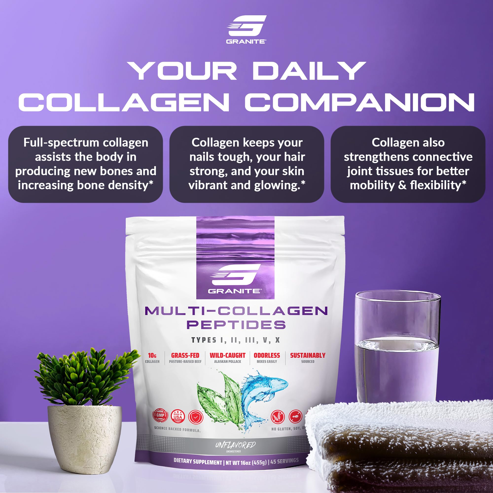 Granite Supplements Collagen Peptides Powder - Hair Skin and Nails Vitamins with Type I, II, III, V, X Hydrolyzed Collagen Peptides for Nail Growth, Bone, Mobility, & Joint Support (16oz)