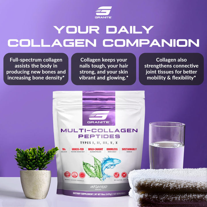 Granite Supplements Collagen Peptides Powder - Hair Skin and Nails Vitamins with Type I, II, III, V, X Hydrolyzed Collagen Peptides for Nail Growth, Bone, Mobility, & Joint Support (16oz)