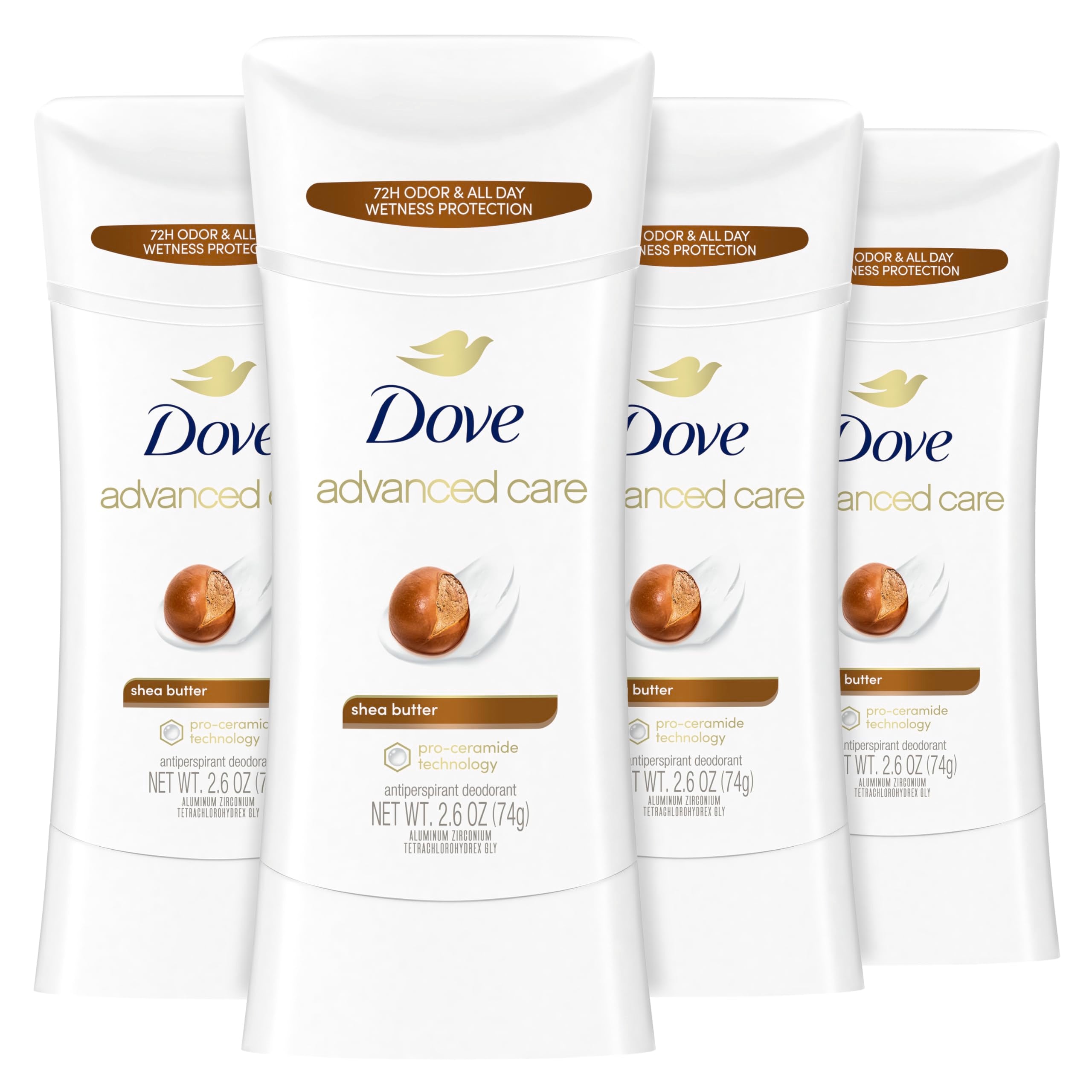 Dove Antiperspirant Deodorant Stick for 48 Hour Protection And Soft And Comfortable Underarms, Shea Butter, Deodorant for Women, 4 Count, 2.6 Ounce