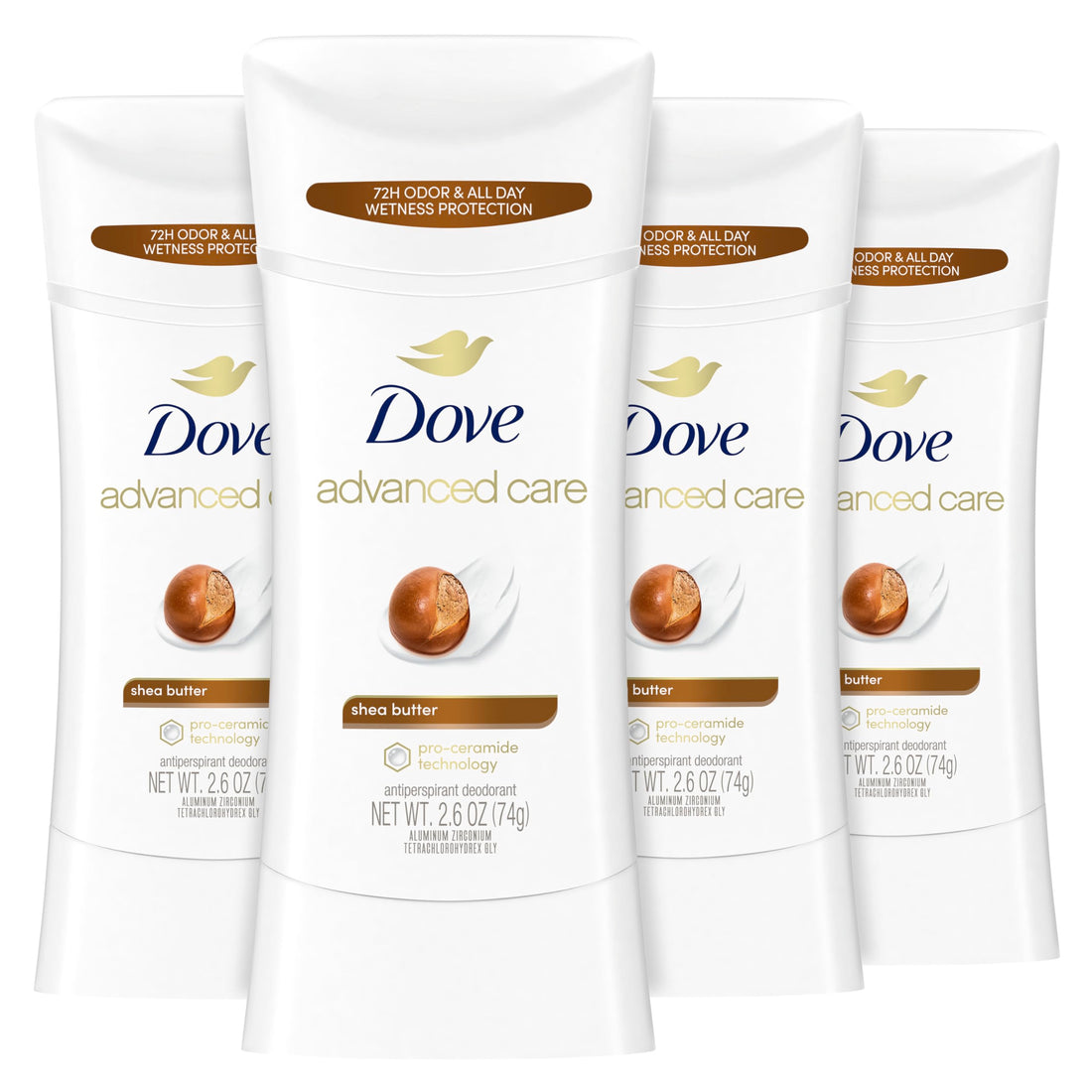 Dove Antiperspirant Deodorant Stick for 48 Hour Protection And Soft And Comfortable Underarms, Shea Butter, Deodorant for Women, 4 Count, 2.6 Ounce