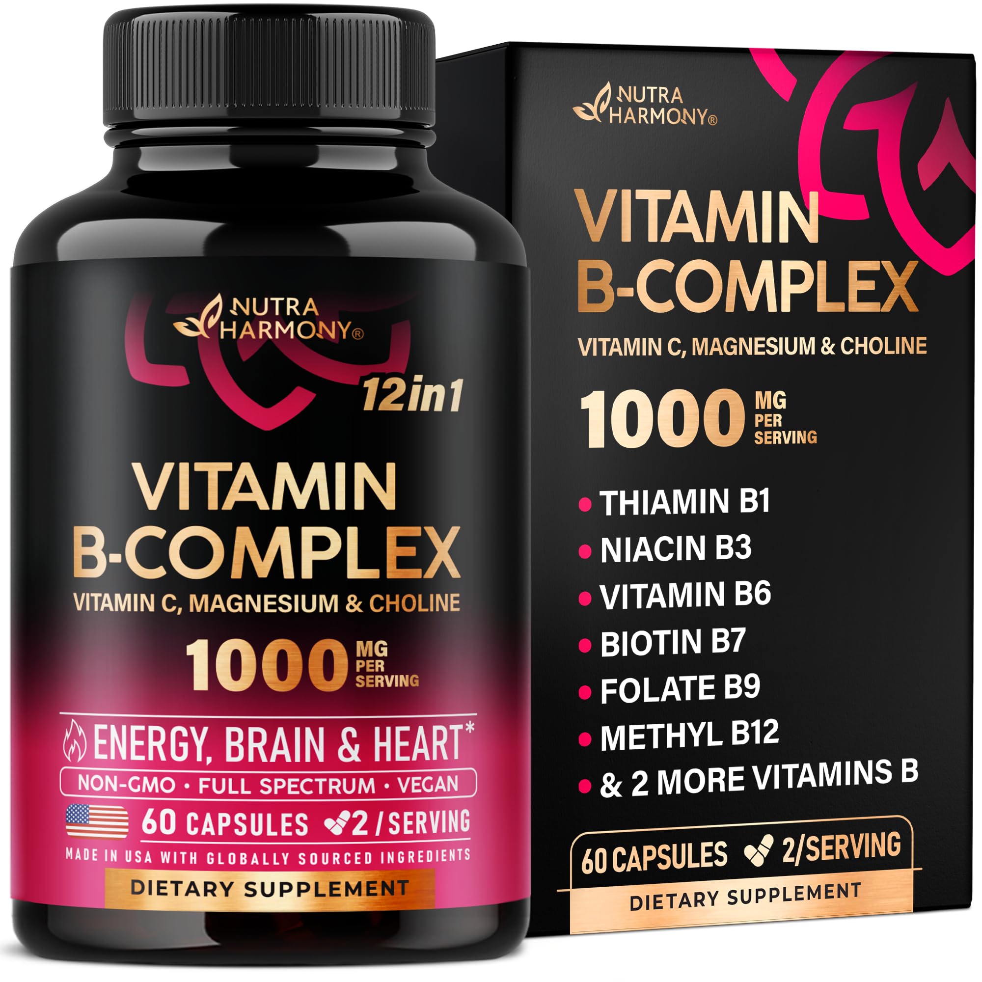 Vitamin B Complex for Men & Women - Made in USA - B-Complex: B1, B2, B3, B5, B6, B7, B8, B9, B12 with Vitamin C, Choline, Inositol - Energy, Brain & Heart Support Supplement, 60 Vegan Capsules