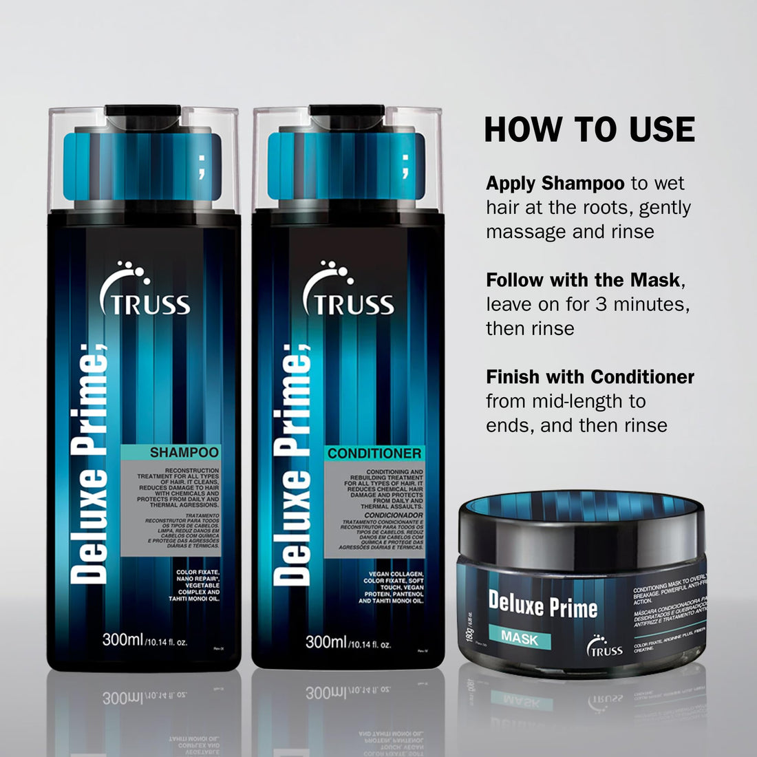 TRUSS Deluxe Prime Deep Cleansing Shampoo - Damaged Hair Repair & Hydrating Shampoo for Hair Shine + Anti Fading Action - Moisturize, Soften & Protect from Chemical Damages (10.14oz)
