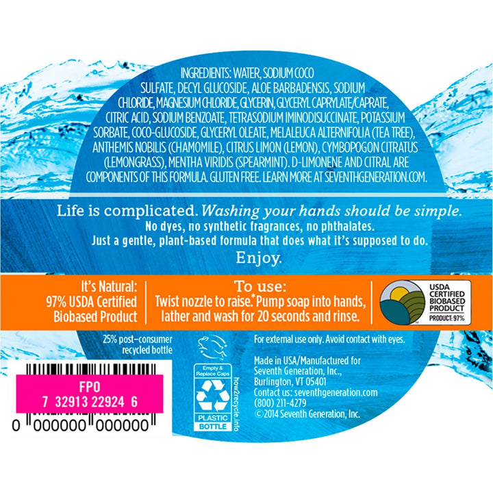 Seventh Generation Purely Clean Hand Wash, Fresh Lemon and Tea Tree, 12 Fluid Ounce (Pack of 8)