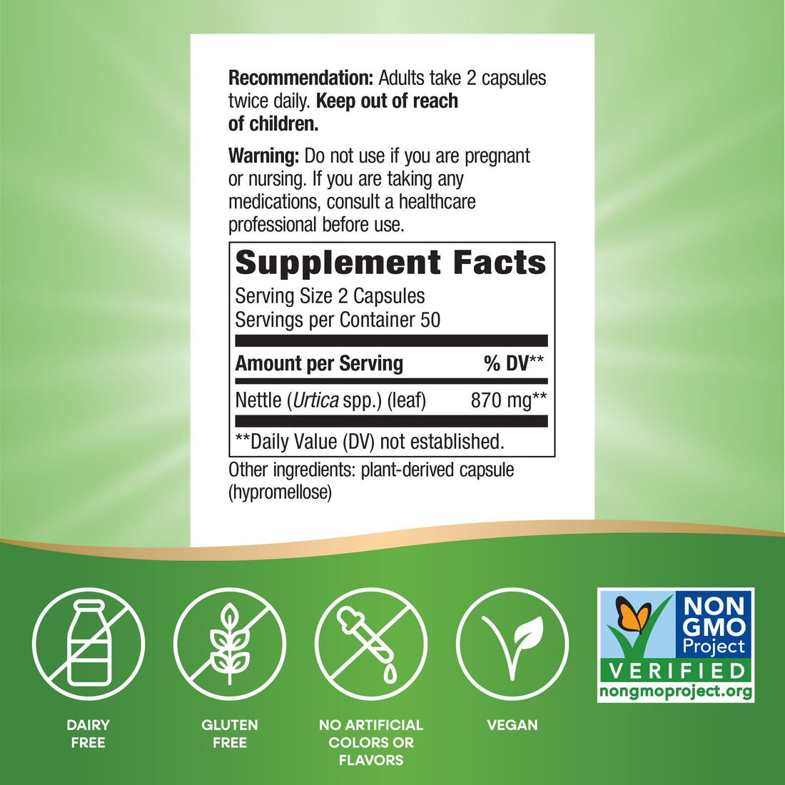 Nature's Way Nettle Leaf, Traditional Urinary Support*, 870 mg per 2-Capsule Serving, Non-GMO Project Verified, Vegan, 100 Capsules