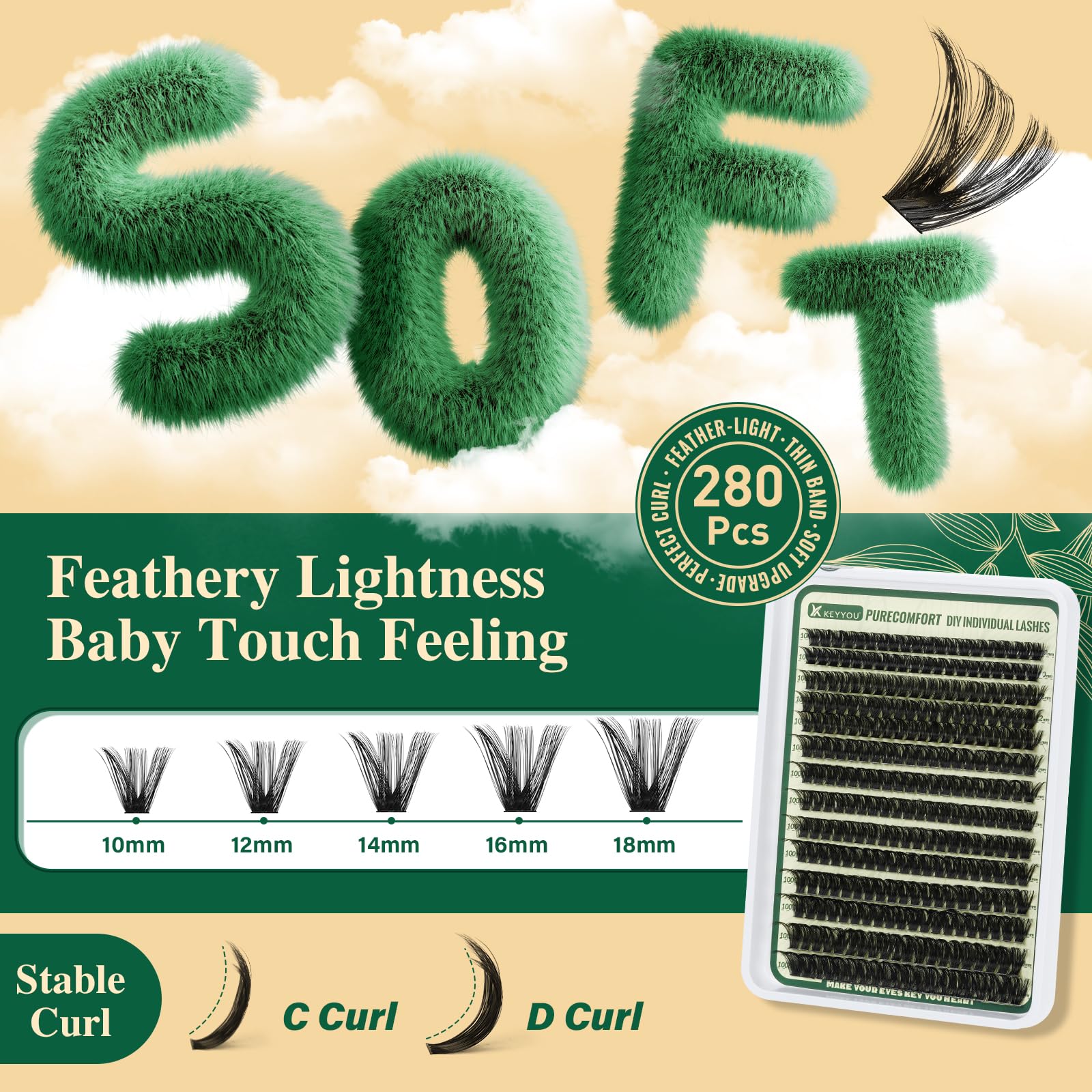 KEYYOU DIY Lash Extension Kit - 280pcs Soft Clusters - 100D Curl - Easy to Apply with Bond, Seal & Remover - At Home