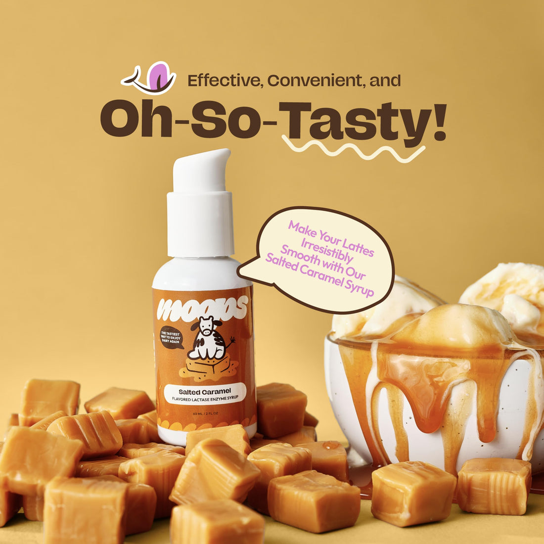 Moops Lactase Enzyme Drops 2oz – Delicious Salted Caramel Flavor – 10,000 FCC Units for Fast Acting Dairy Relief – Customizable Dosing for Lactose Intolerance – Portable Twist-to-Lock Pump