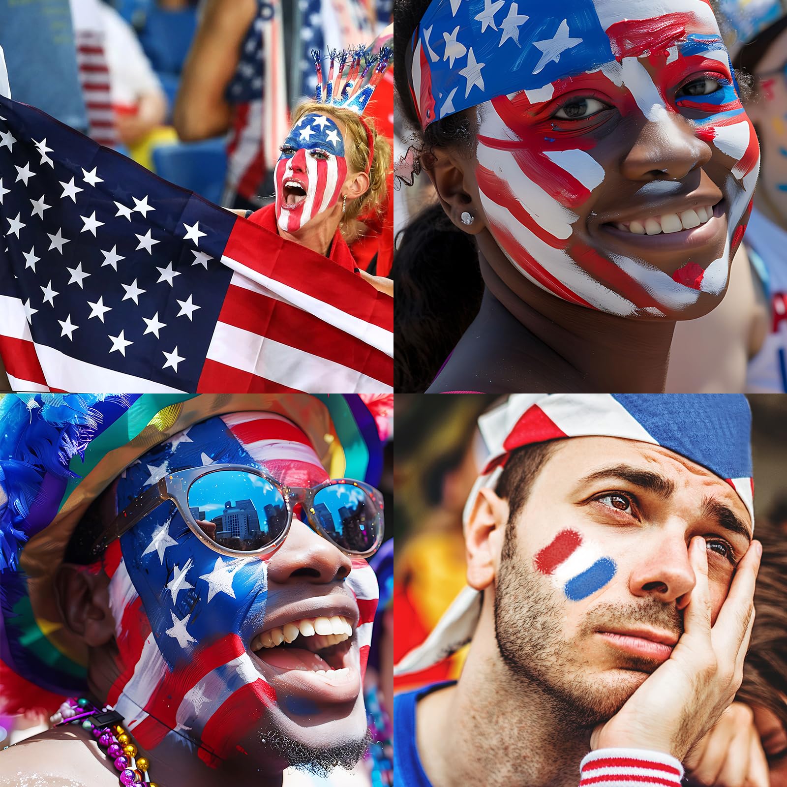 FIVEFULU Red Blue White Face Paint Halloween Makeup Kit, Matte Lipstick Set Eye Black Stick, Usa Themed Accessories Flag Color, Body Paint Face Makeup for Halloween Clown Harley Quinn Joker Makeup