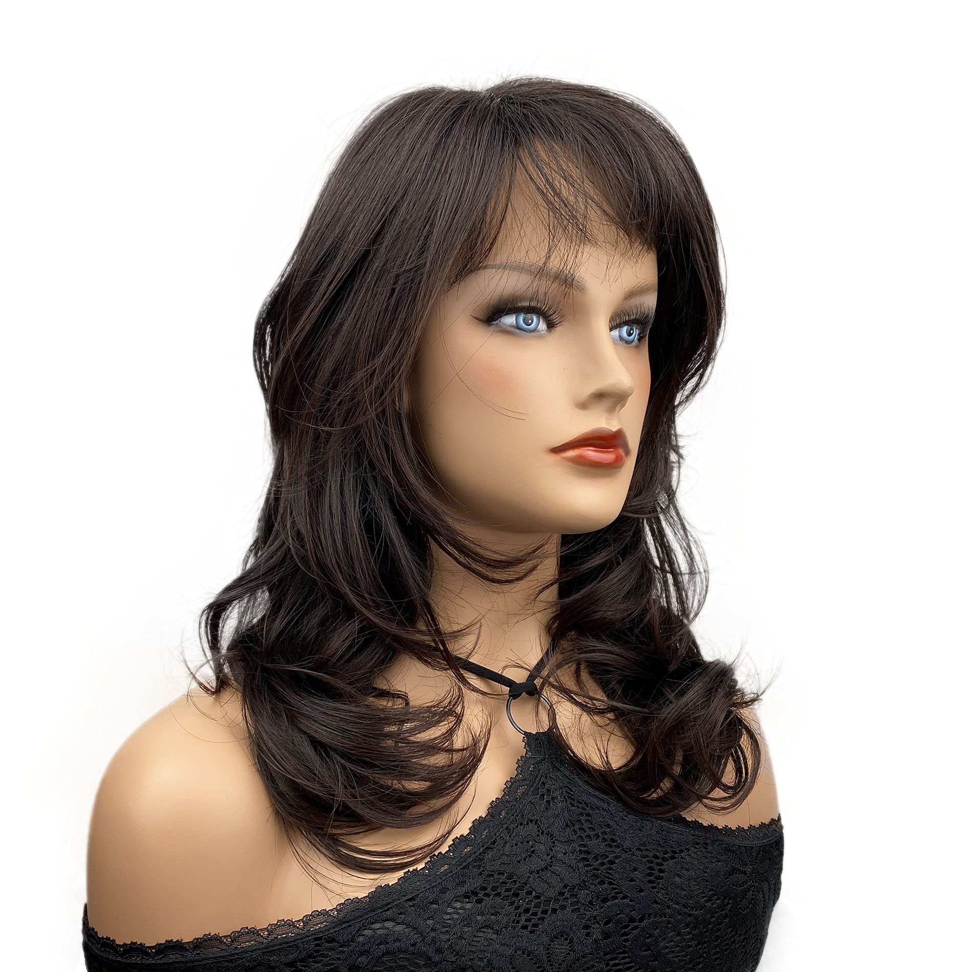 #2-33 Brown: Wiginway Fashion Medium Body Wavy Synthetic Wig for Women Air Bangs Natural Looking Paula Young Wigs 14 Inch