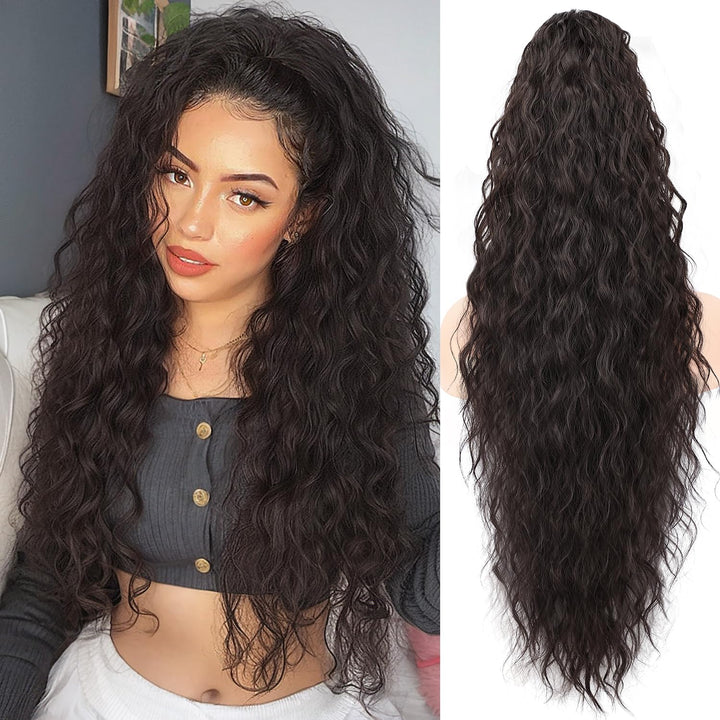 ORSUNCER Claw Long Wavy Ponytail Extension Black Brown 30 Curly Pony Tail Clip in Hair Extensions for Women fluffy Natural Looking Synthetic Hairpiece for Daily Use