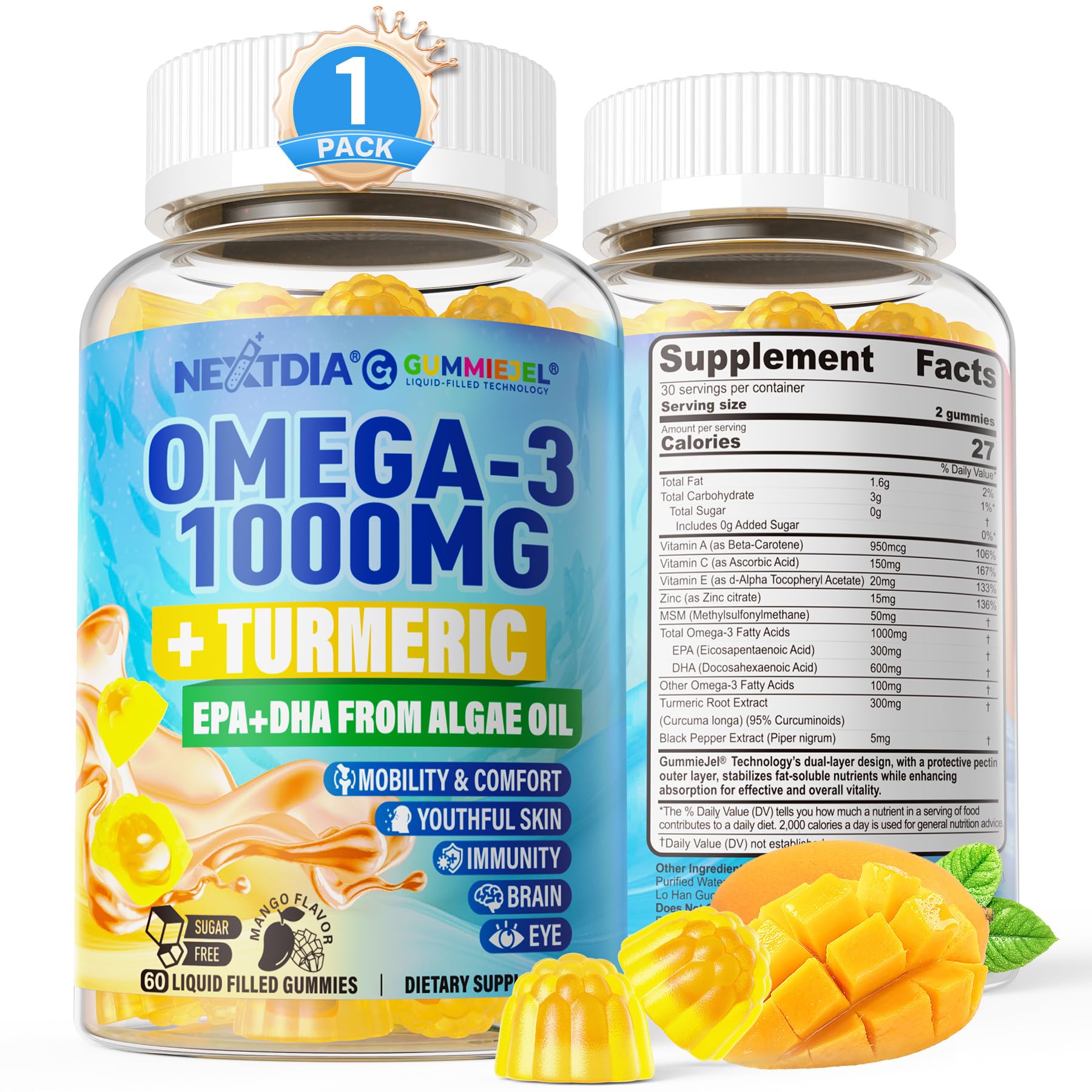Vegan Omega-3 Gummies 1000mg + Turmeric - Omega 3 Fish Oil Alternative for Adults - Algae Omega DHA 600mg & EPA 300mg, Vitamins A, C, E, Zinc & MSM, Sugar Free, 60 Cts