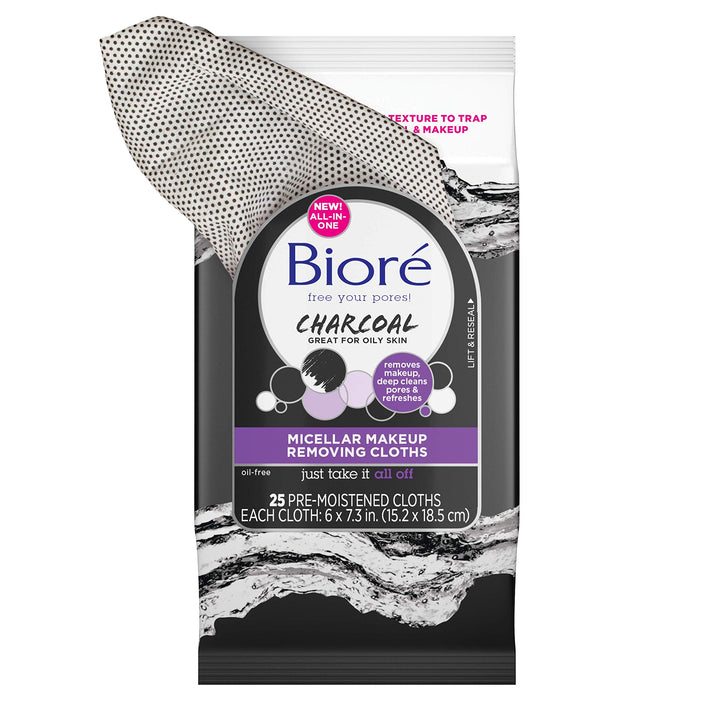 Biore Charcoal Makeup Removing Cloths, with Micellar Cleansing Water, No-rinse Makeup and Oil Removal, for Oily Skin, 25 Count