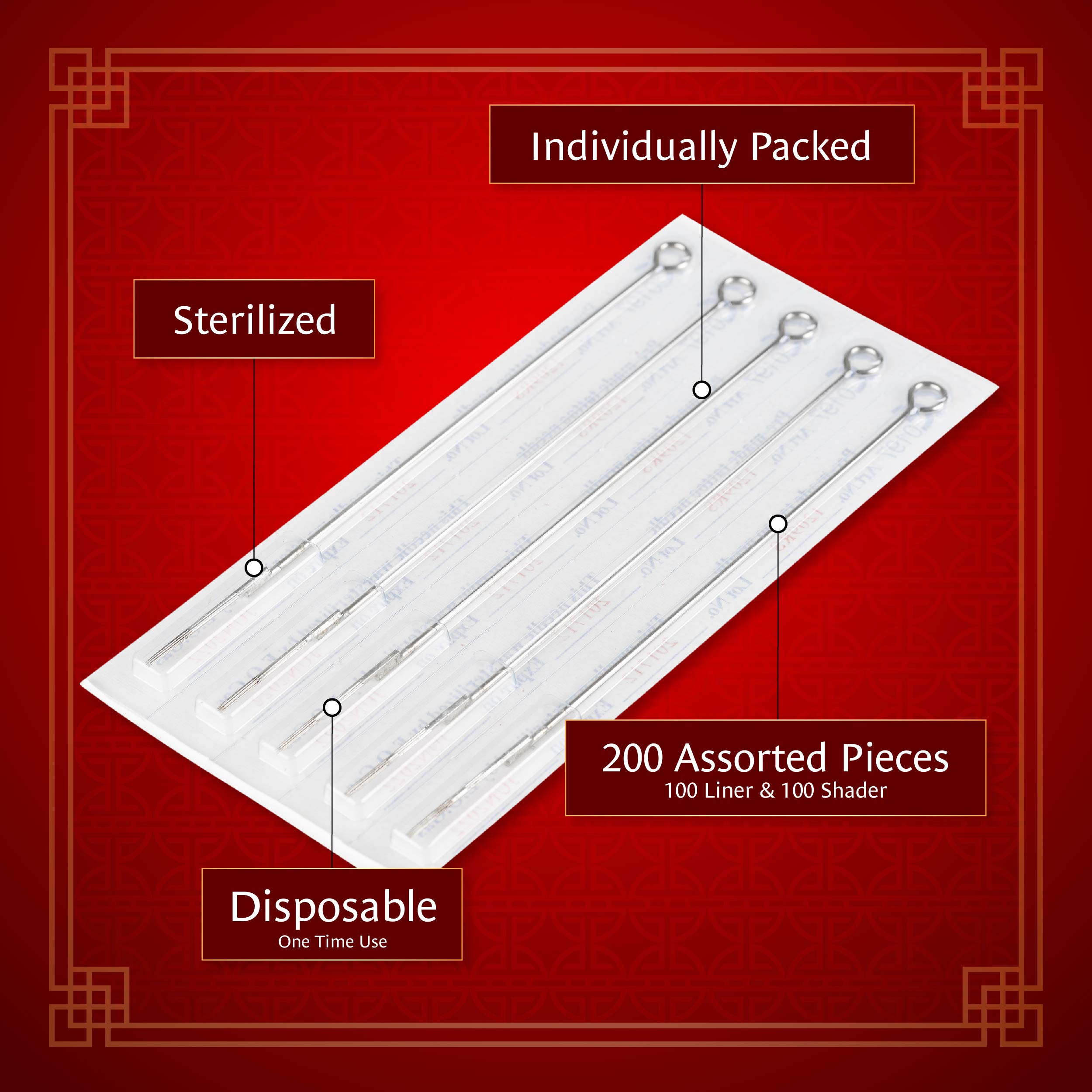 200 needles (100Pc Liner + 100 Shader) Tattoo Needles 25Pc-3RL 50Pc - 5RL 25Pc-7RL 25Pc-5RS 25Pc-7RS 25Pc - 9RS 10Pc-5M1 15Pc- 7M1