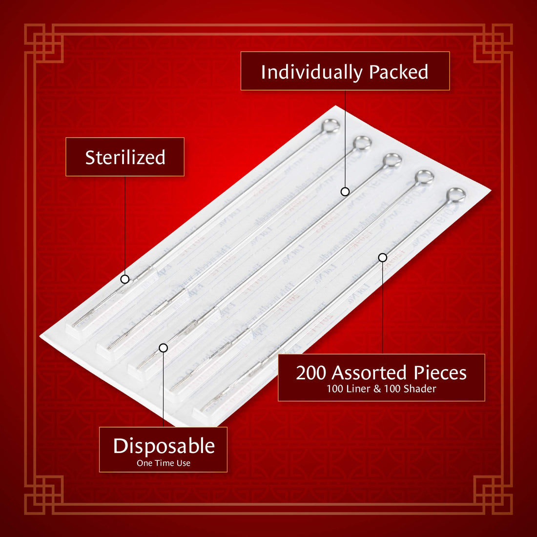200 needles (100Pc Liner + 100 Shader) Tattoo Needles 25Pc-3RL 50Pc - 5RL 25Pc-7RL 25Pc-5RS 25Pc-7RS 25Pc - 9RS 10Pc-5M1 15Pc- 7M1