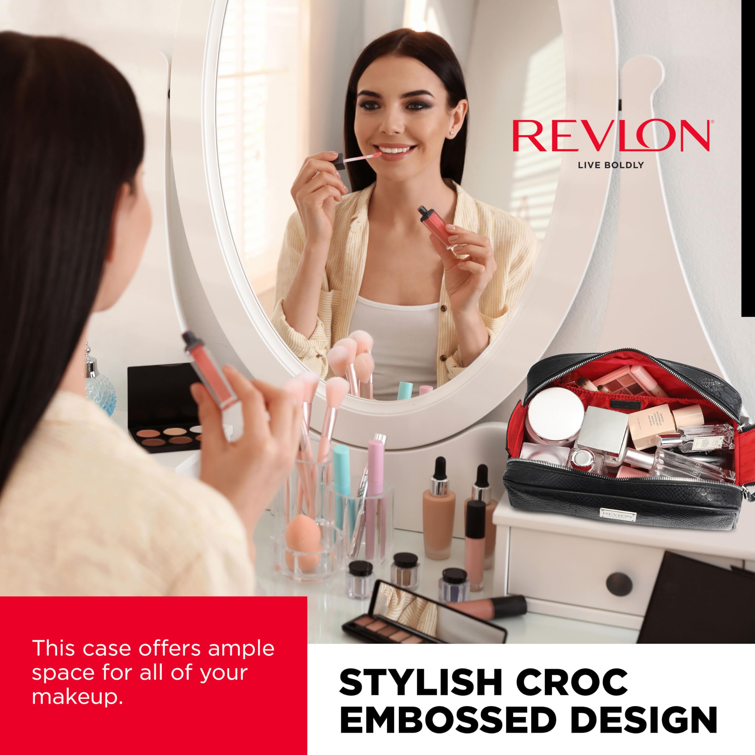 REVLON Croc Embossed Makeup Bag - Small Makeup Pouch, Travel Makeup Organizer with Two Zippers, Cosmetic Bag, Mini Makeup Case with Pockets - Gifts for Women, Ladies, or Teen Girls, Onyx