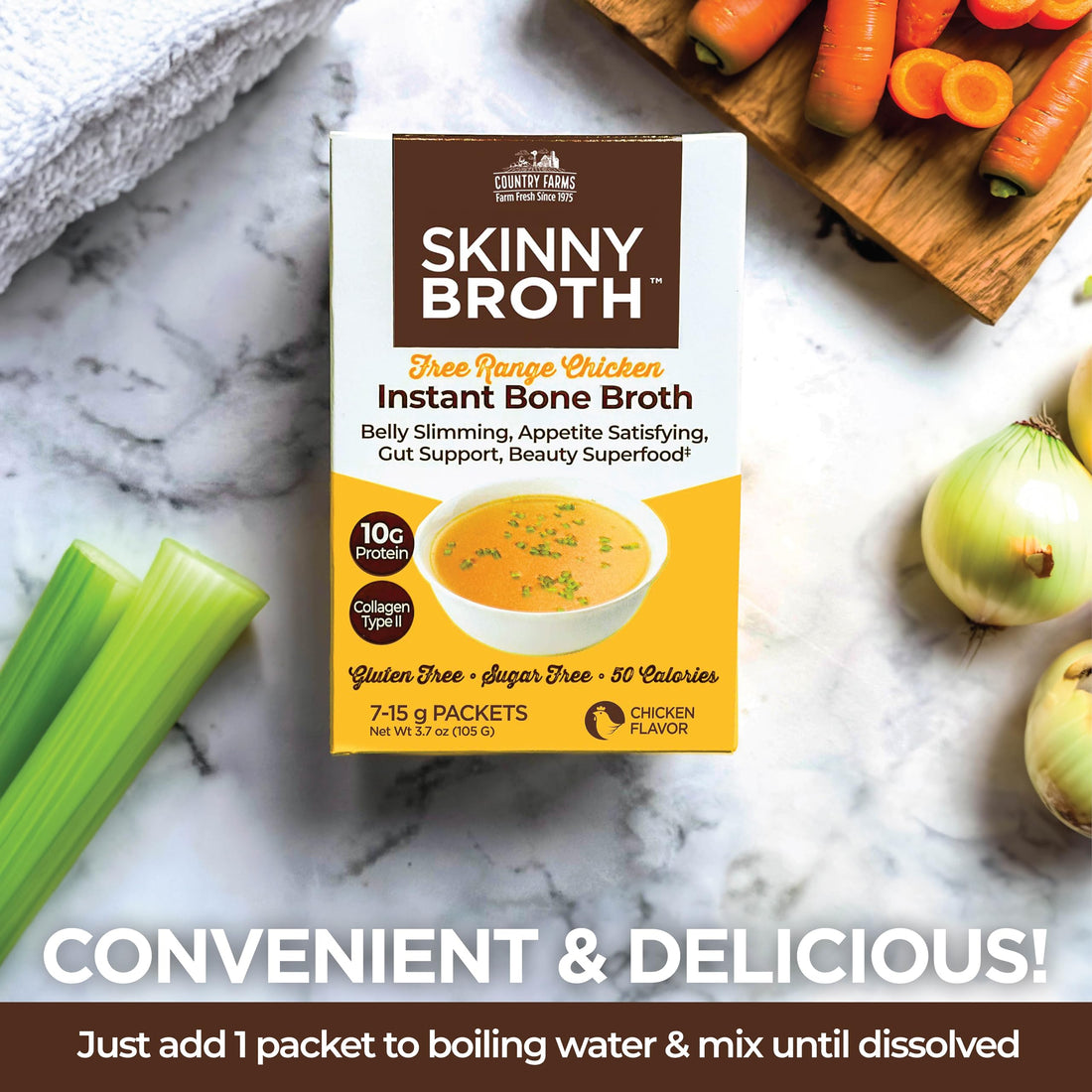 COUNTRY FARMS Skinny Broth 7-Day Plan, Instant Chicken Bone Broth, 10G Protein, Collagen Type II, Promotes Better Digestion, Bone and Joint Health, 7 Day Plan, 4 Pack, 28-15g Packets