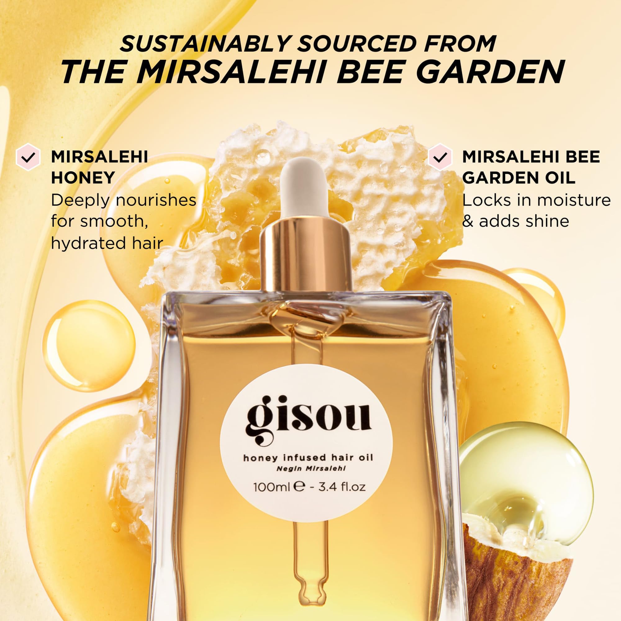 Gisou Honey Infused Hair Oil - Enriched with Mirsalehi Honey for Deep Nourishment, Hydration, Frizz Control, Heat Protection and Shine - For Damaged and Dry Hair (1.7 fl oz)
