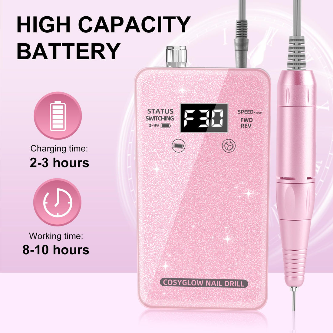 Professional Electric Nail Drill File:COSYGLOW Glitter Portable Cordless E-File Nail Drill Kit with 11 Drill Bits,30000 RPM Rechargeable Nail Drills Machine for Acrylic Nails Gel Polishing (Pink)