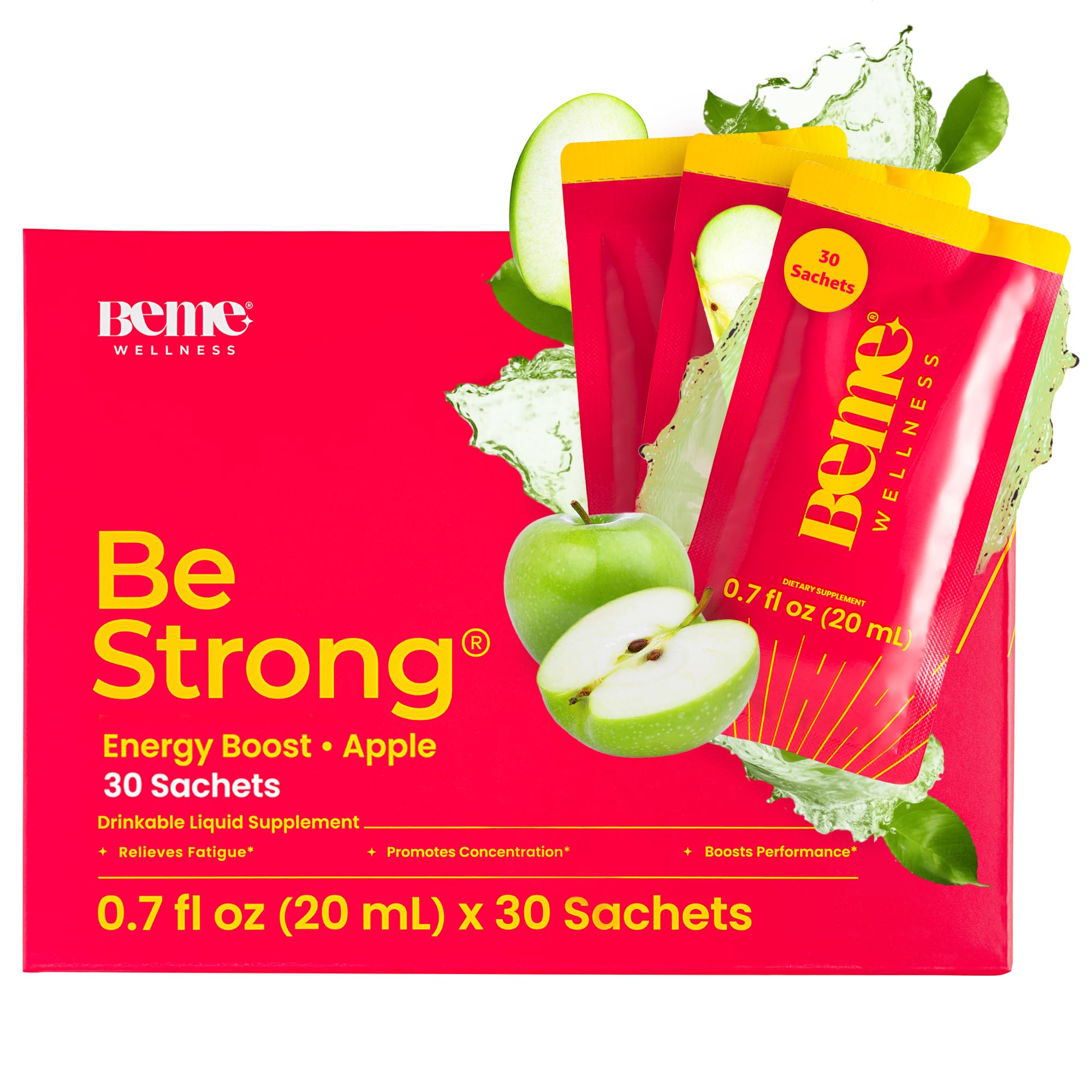 BeMe Vitamin B12 Liquid Shot, BeStrong - Vitamin B 12 Drinkable Liquid Supplement Supports Energy Boost, Focus, & Concentration - Guarana, Taurine, & Collagen Supplements Promote Recovery (30 Sachets)