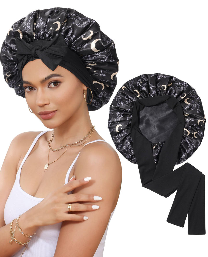 Satin Bonnet Silk Bonnet for Sleeping Silk Sleep Cap Double Layer Hair Bonnet with Elastic Tie Band for Curly Hair Night Cap (Black stars and moon+Black)