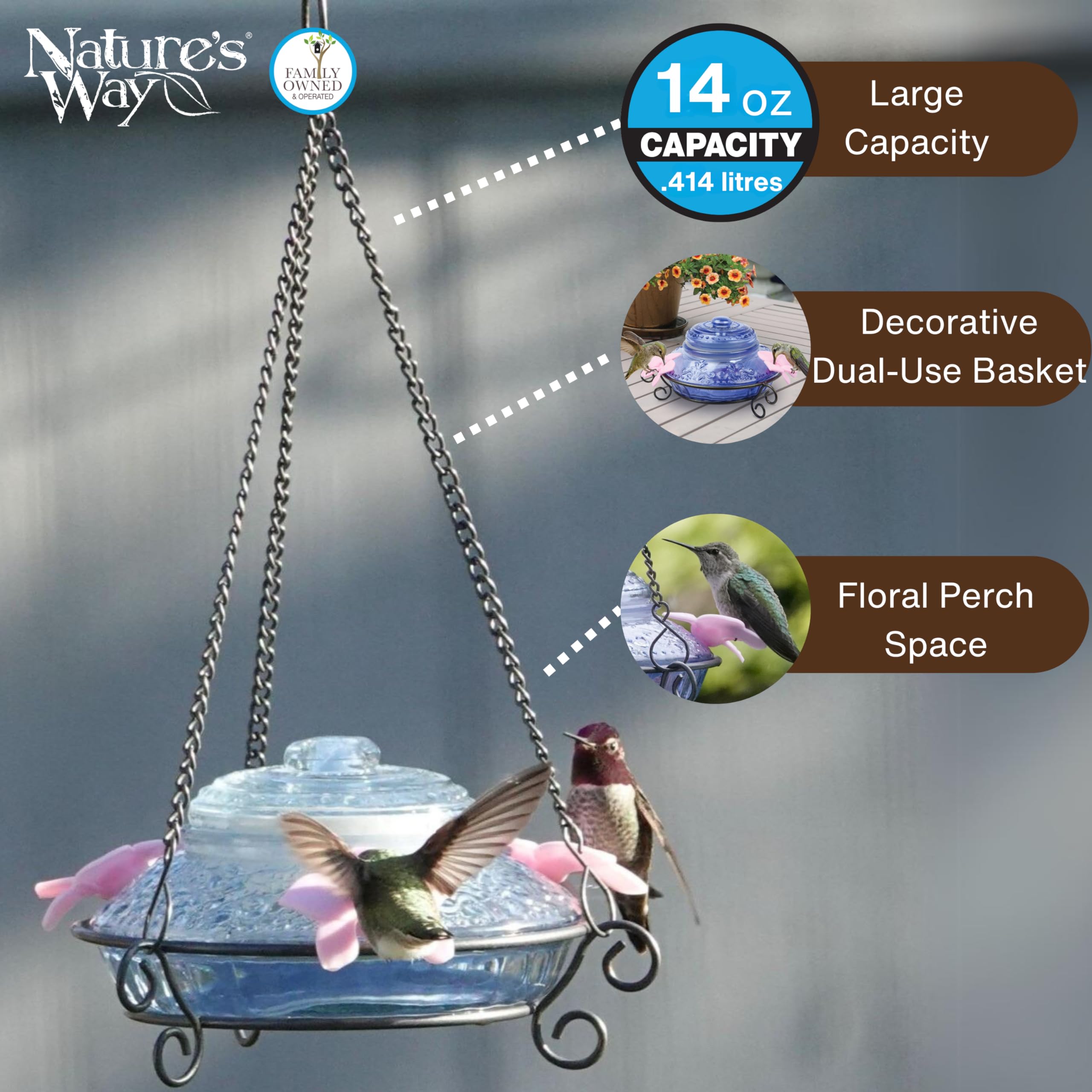 Nature's Way Bird Products ANTHF2-I Illuminated Antique Top-Fill Hummingbird Feeder, Light Blue/Pink