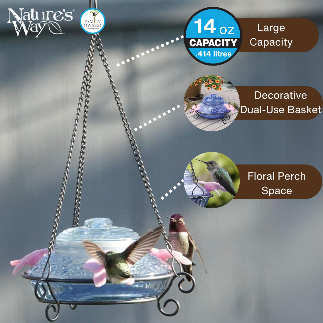 Nature's Way Bird Products ANTHF2-I Illuminated Antique Top-Fill Hummingbird Feeder, Light Blue/Pink
