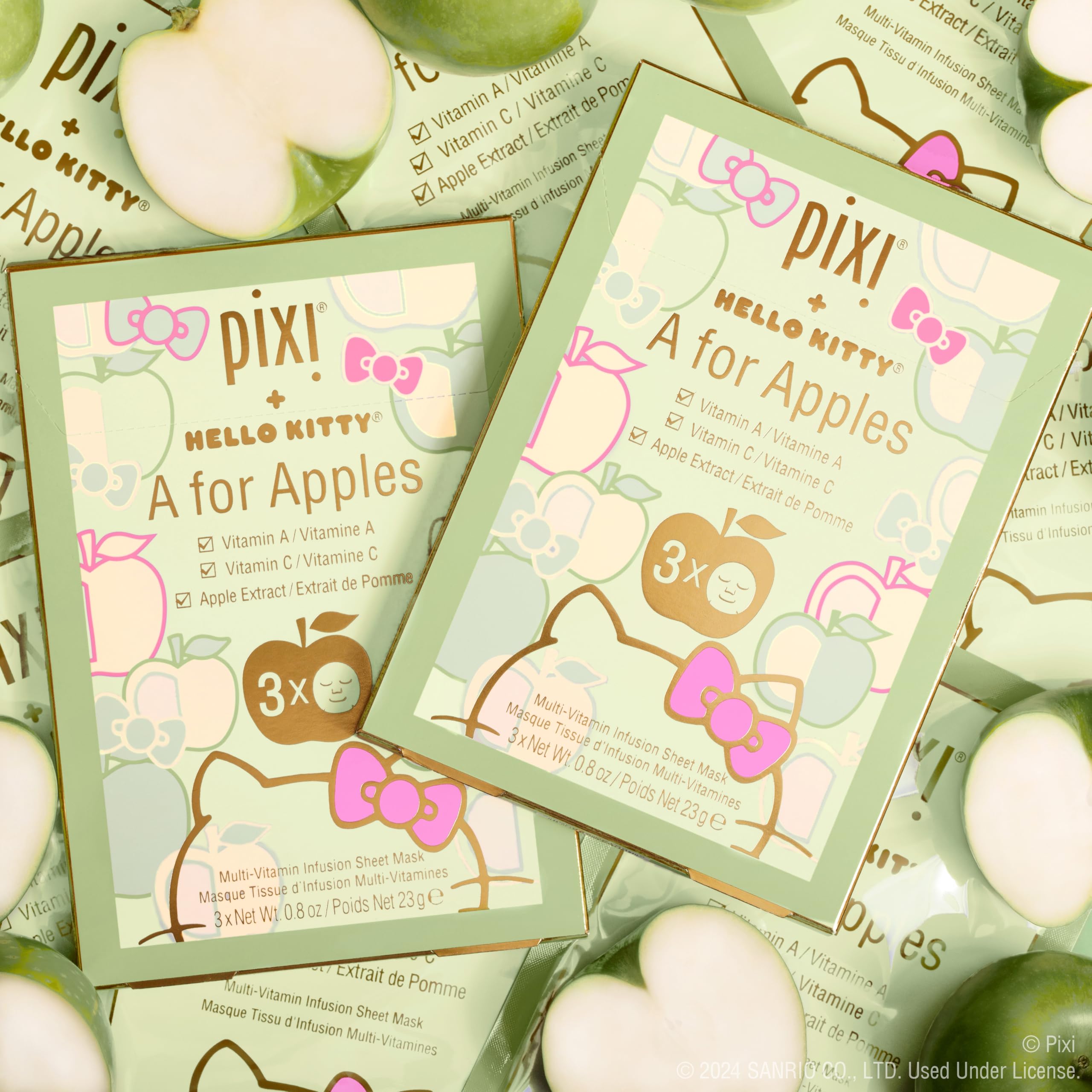 Pixi + Hello Kitty A for Apples Sheet Mask, Instantly Hydrating & Brightening Facial Mask, Infused with Vitamin A, Vitamin C, and Apple Extract, 3 Masks Per Box 3 x 0.8 oz / 23 gm