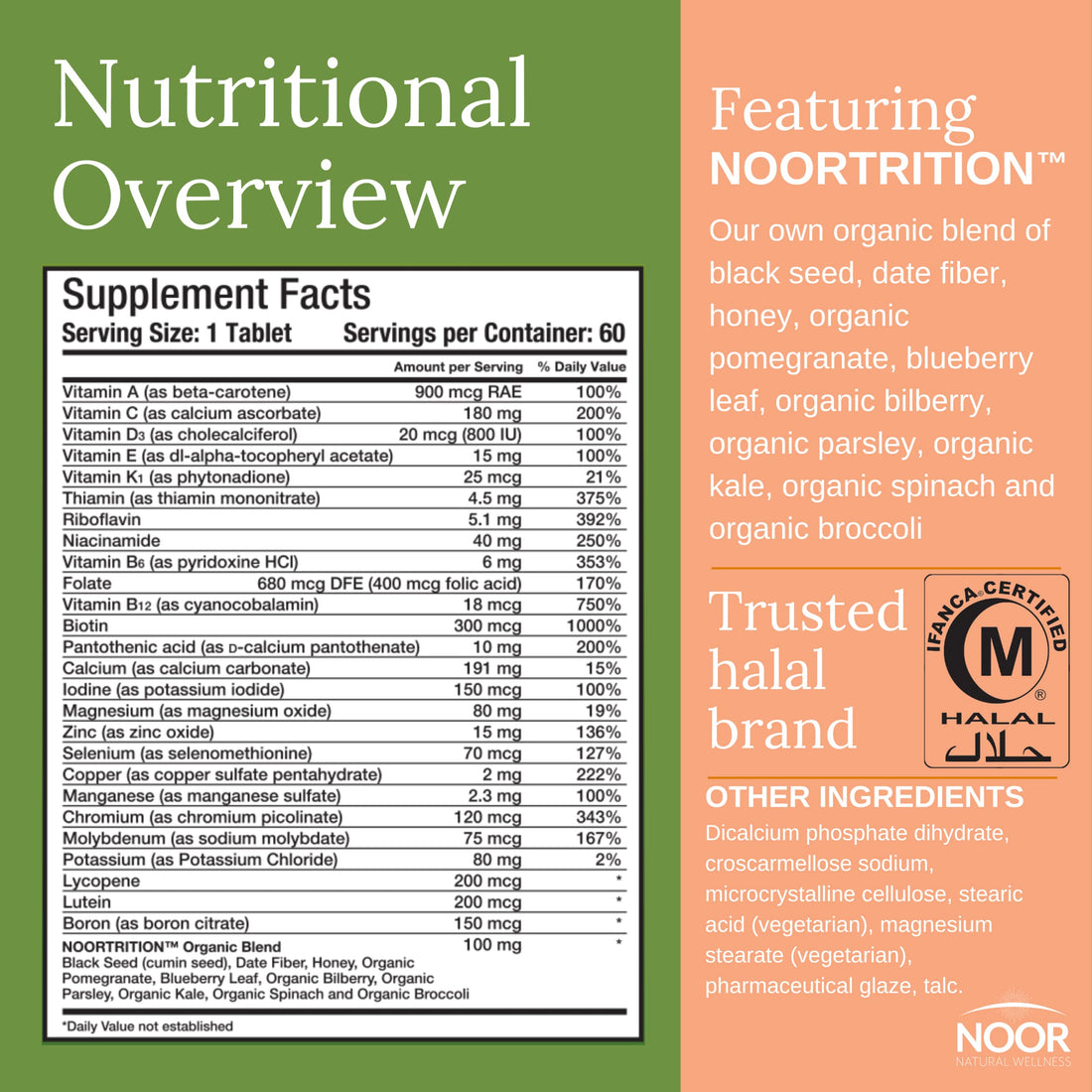 Noor Vitamins Energy+ Multivitamin; Halal Vitamin for Energy Production & Immunity, 26 Vitamins & Minerals, Black Seed, Dates, Honey, for Men & Women. Gelatin Free, 2 Month Supply