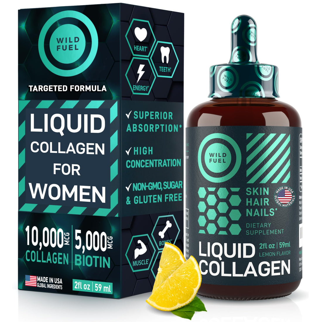 WILD FUEL Liquid Collagen Peptides with Biotin Vitamins for Hair Skin and Nails - 10,000mcg Liquid Collagen for Women and Men 5,000mcg Biotin - Lemon Flavor, 2-Month - 2 oz