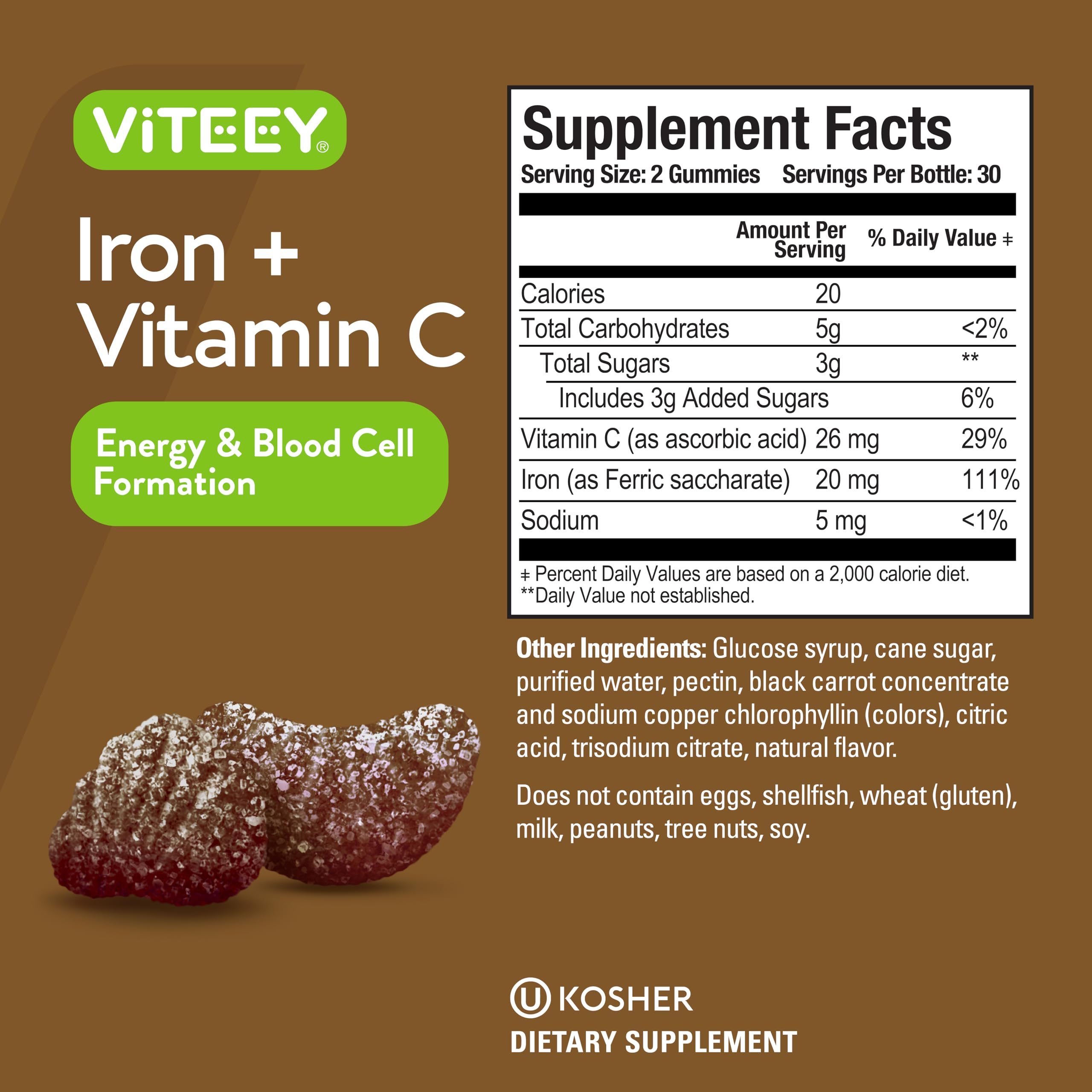 Iron Gummies 20mg + Vitamin C 26mg for Iron Deficiency and Anemia, Supports Energy, Blood Cell Formulation, Blood Builder, Vegan Supplements, Gluten Gelatin and GMO Free, Chewable Grape Gummy Chews