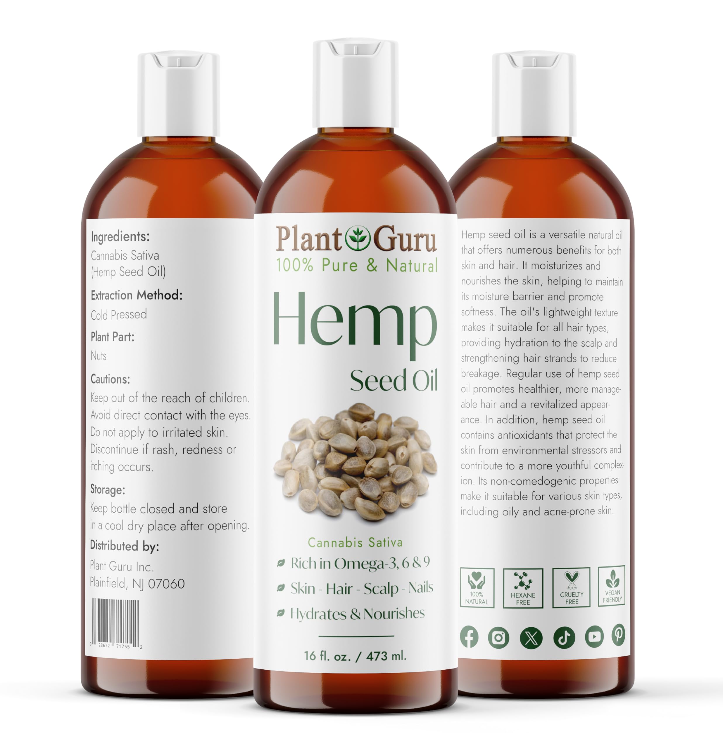 Hemp Seed Oil 16 oz. Virgin, Unrefined 100% Pure Natural - Skin, Body And Hair Moisturizer. Works For Massage, Acne, & More!