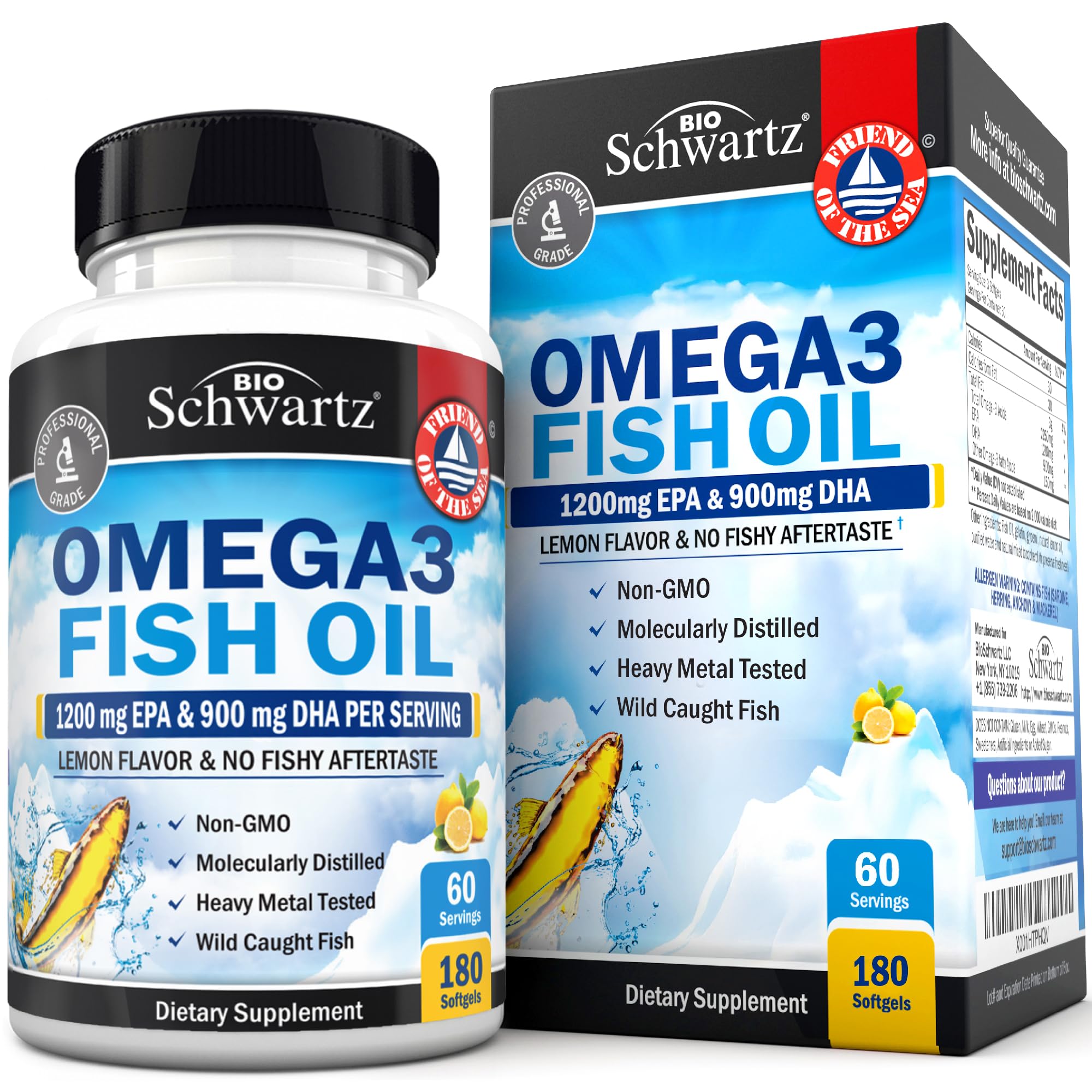 Triple Strength Omega 3 Fish Oil Supplement - 2250mg EPA DHA Omega 3 Fatty Acids from Fresh Wild Caught Fish, Burpless Lemon Flavor Formula Supports Eye Health and More, Gluten Free, 180 Softgels
