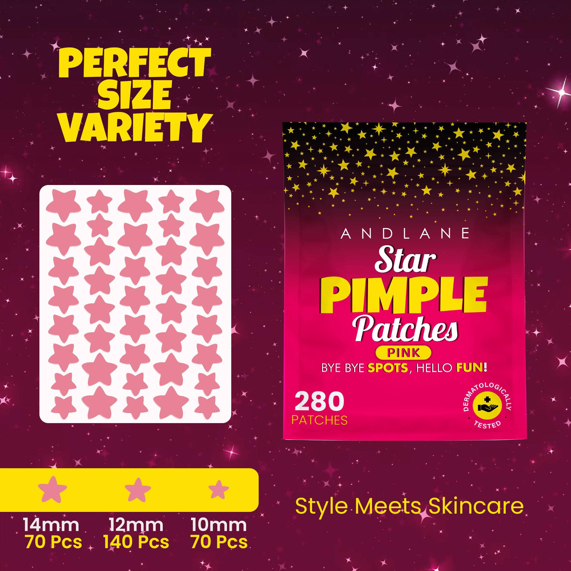 Andlane 280Pcs Star Pimple Patches for Face - Pimple Patches Cute Stars - Hydrocolloid, Salicylic Acid, Tea Tree Oil, Centella - Pink Color, 3 Sizes Zit Stickers