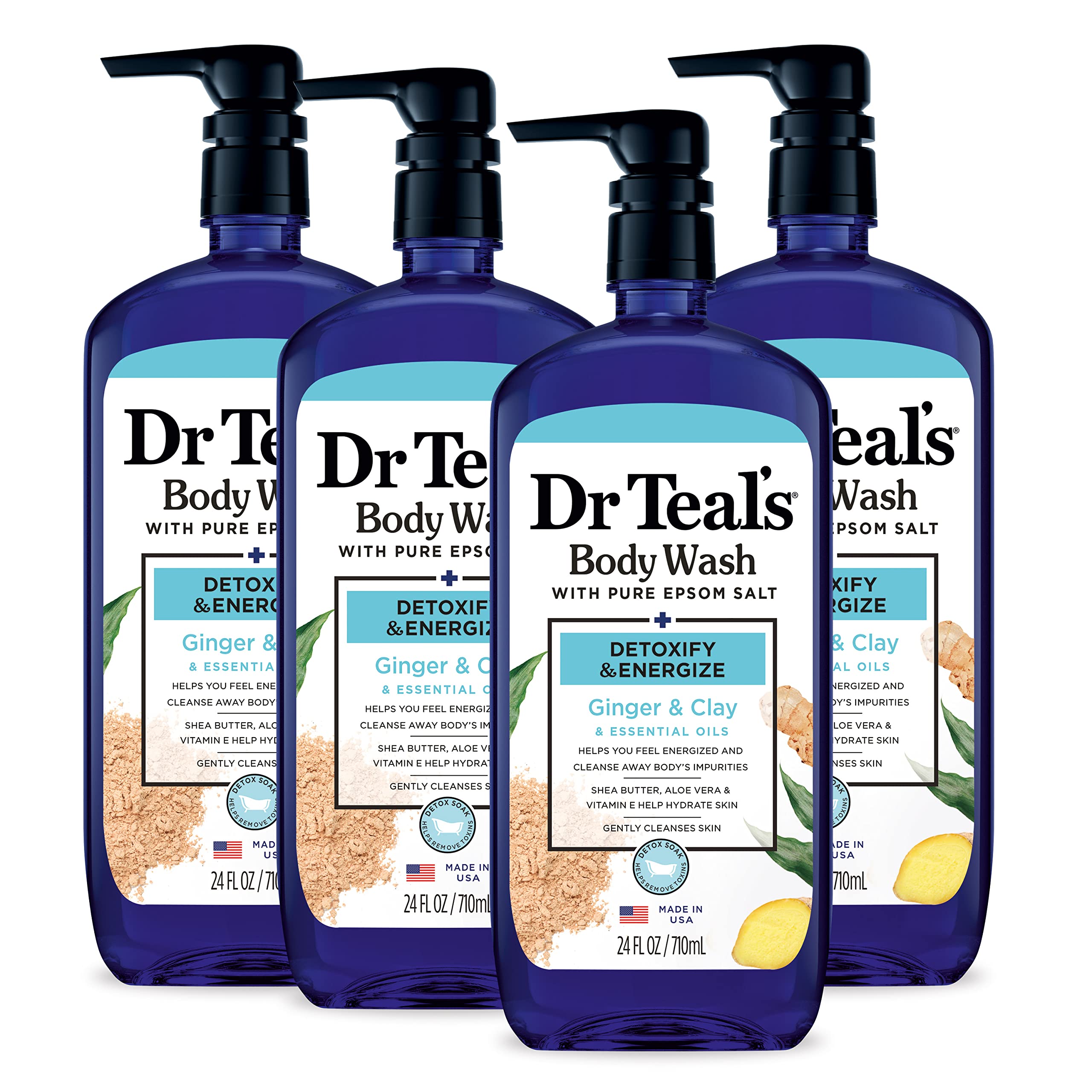 Dr Teal's Body Wash With Pure Epsom Salt, Detoxify & Energize With Ginger & Clay, 24 fl oz (Pack of 4)