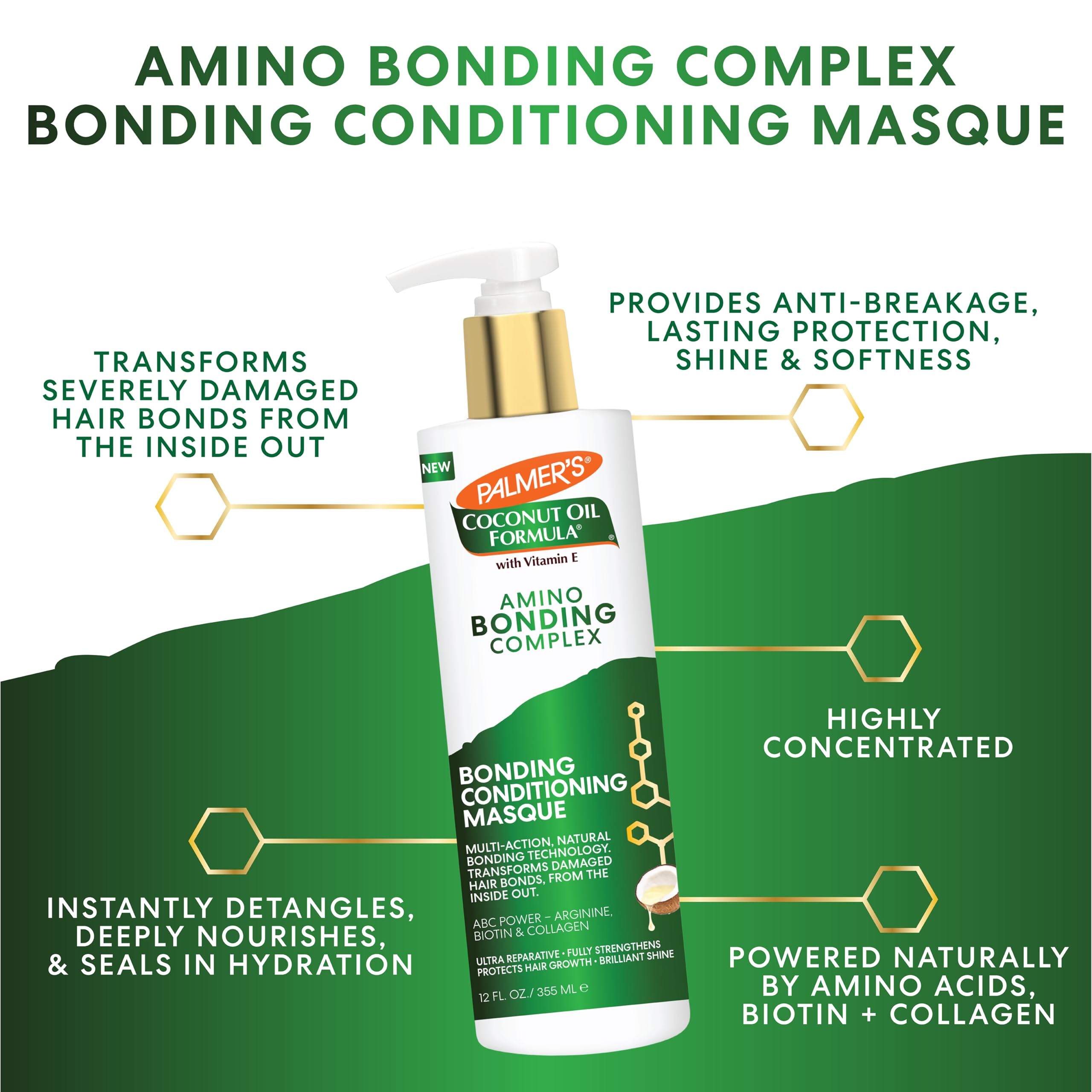 Palmer's Amino Bonding Complex Hair Mask, Intense Conditioning Masque Pack with Coconut Oil & Vitamin E, Heat Protectant, Anti Frizz, Adds Shine, Protects Hair Growth, All Hair Types, 12 fl. oz bottle