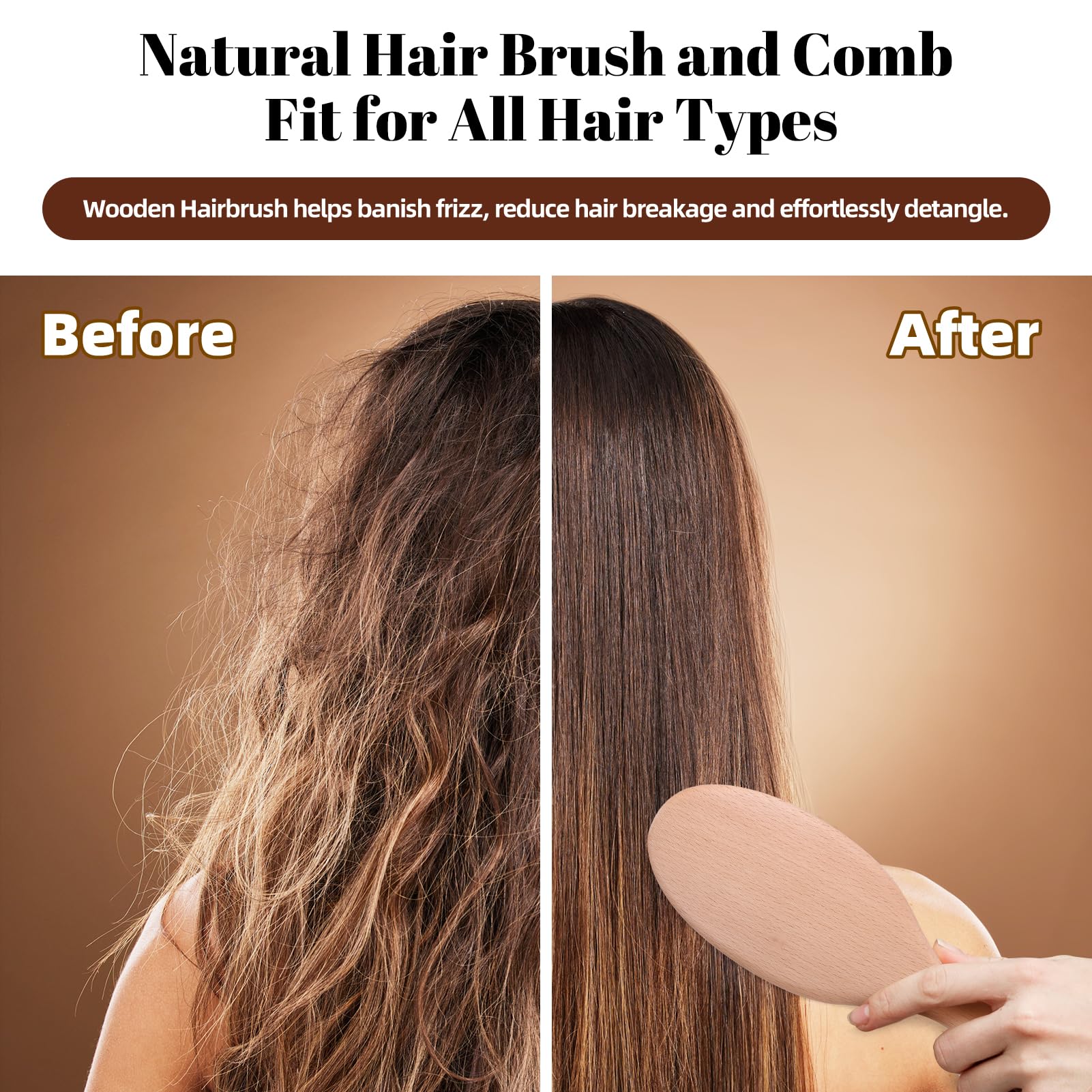 Vklw Natural Wood Hair Brush With Wooden Bristles, Massage Scalp Comb And Peach Wood Beard Comb For Men And Women 3 Pcs