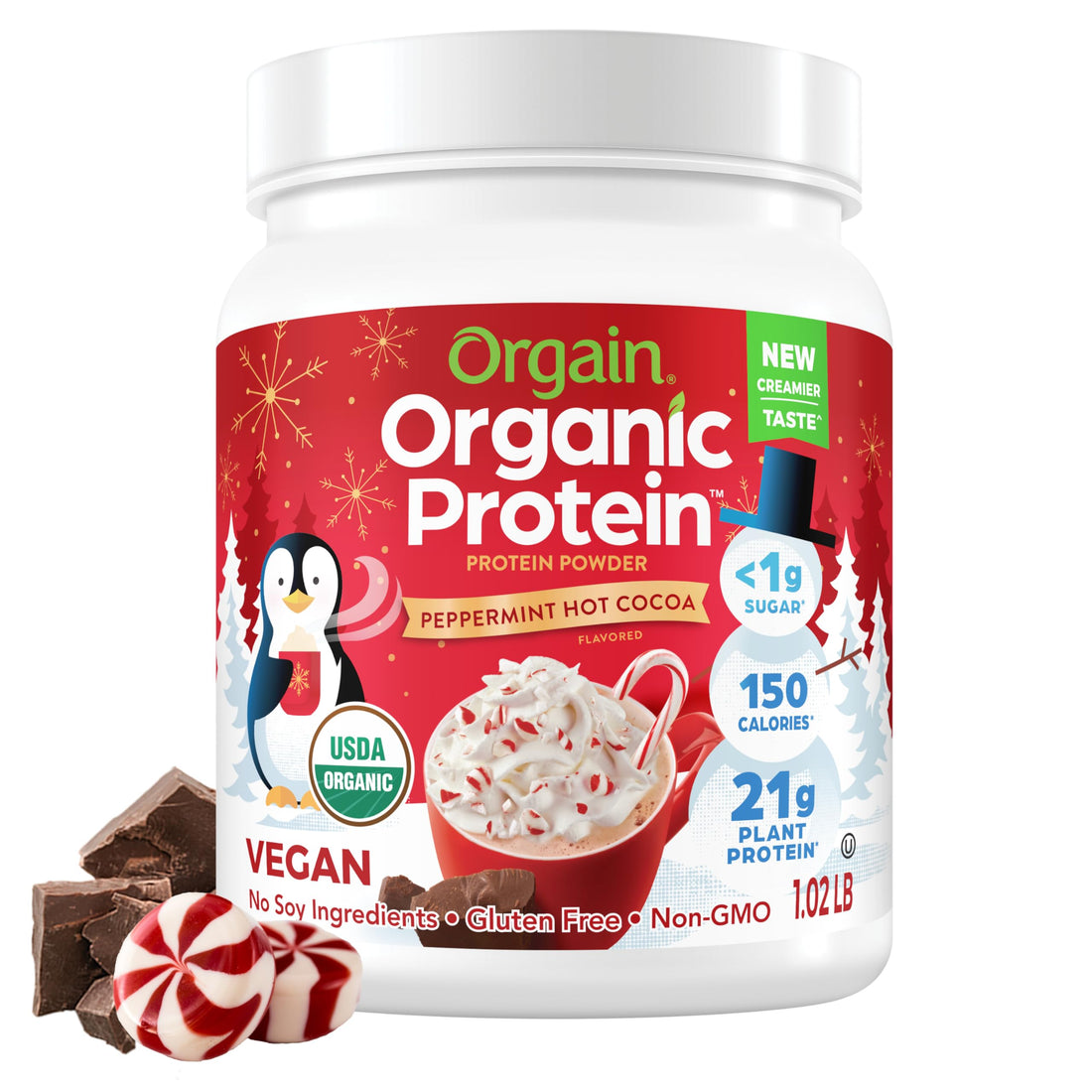 Orgain Organic Vegan Protein Powder, Peppermint Hot Cocoa Holiday Flavor - 21g of Plant Protein, 5g Prebiotic Fiber, No Lactose Ingredients, No Added Sugar, Non-GMO, For Shakes & Smoothies, 1.02 lb
