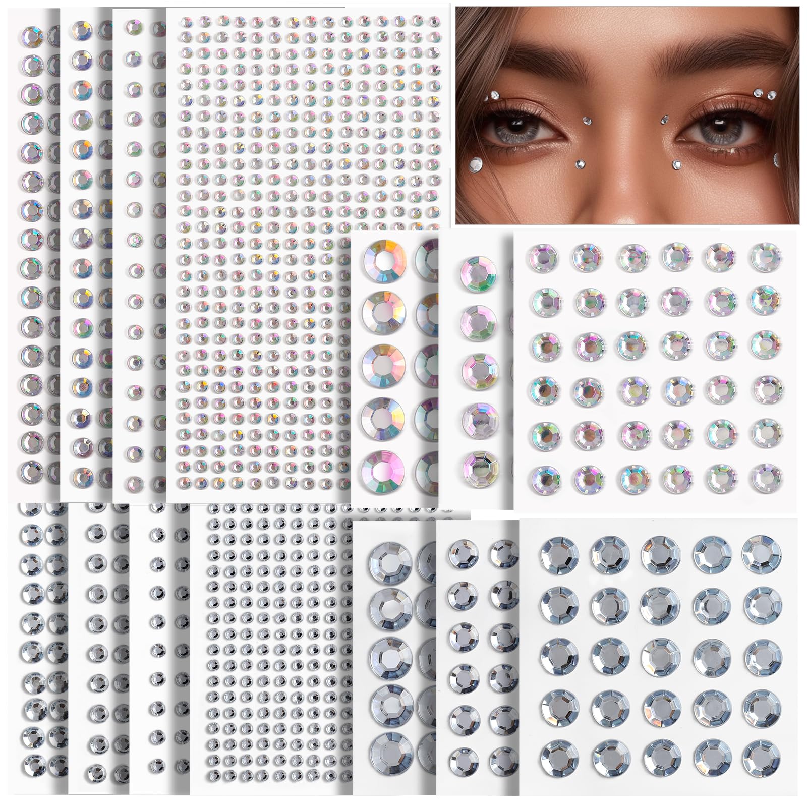 Teenitor Face Gems Hair Gems 2032PCS Self Adhesive Face Rhinestones, Festival Face Jewels Stick on Face Gems for Makeup, Face, Hair, Body in 7 Sizes