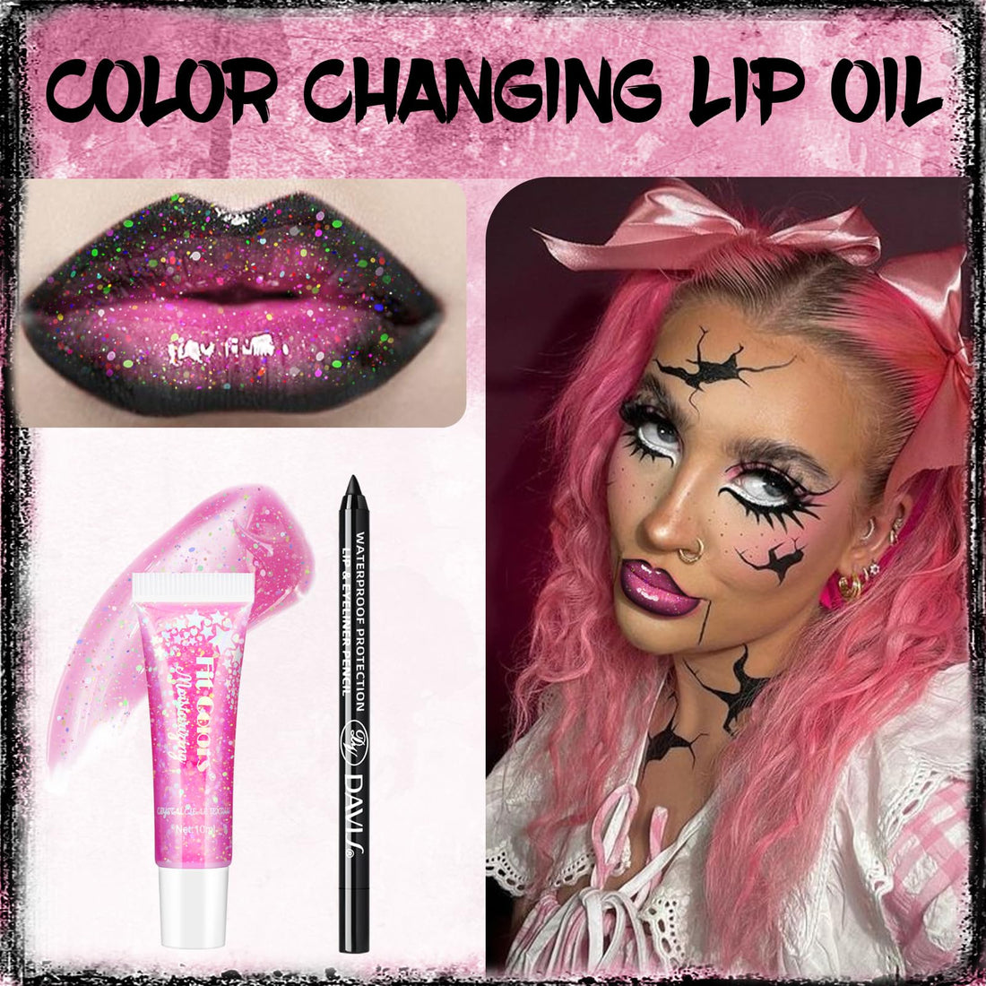 HOSAILY Glitter Color Changing Lip Oil with Black Lip Liner Set, Goth Moisturizing High Shine Lip Gloss Combo, Chunky Sequins Lip Glow Oil Non-Sticky Lightweight Lip Stain for Halloween Party Makeup01