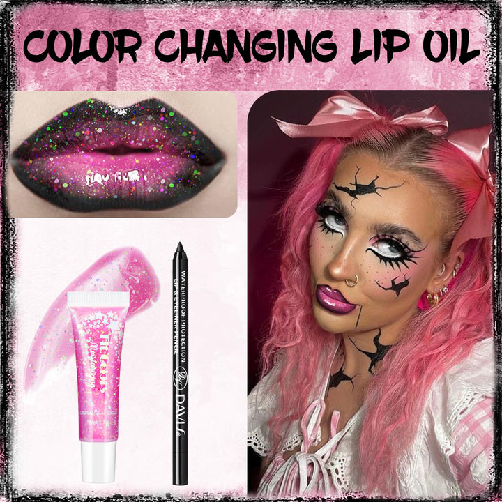 HOSAILY Glitter Color Changing Lip Oil with Black Lip Liner Set, Goth Moisturizing High Shine Lip Gloss Combo, Chunky Sequins Lip Glow Oil Non-Sticky Lightweight Lip Stain for Halloween Party Makeup01